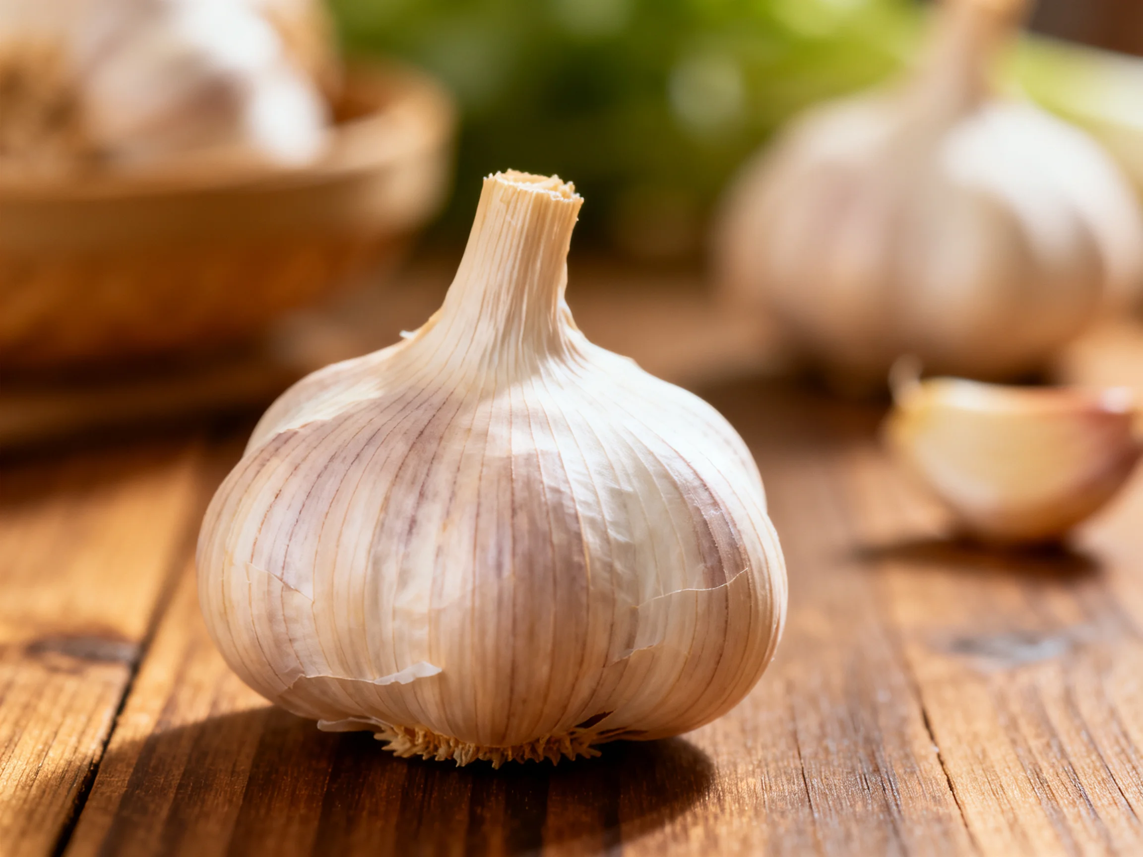 Fresh garlic bulbs on a rustic wooden surface with soft lighting