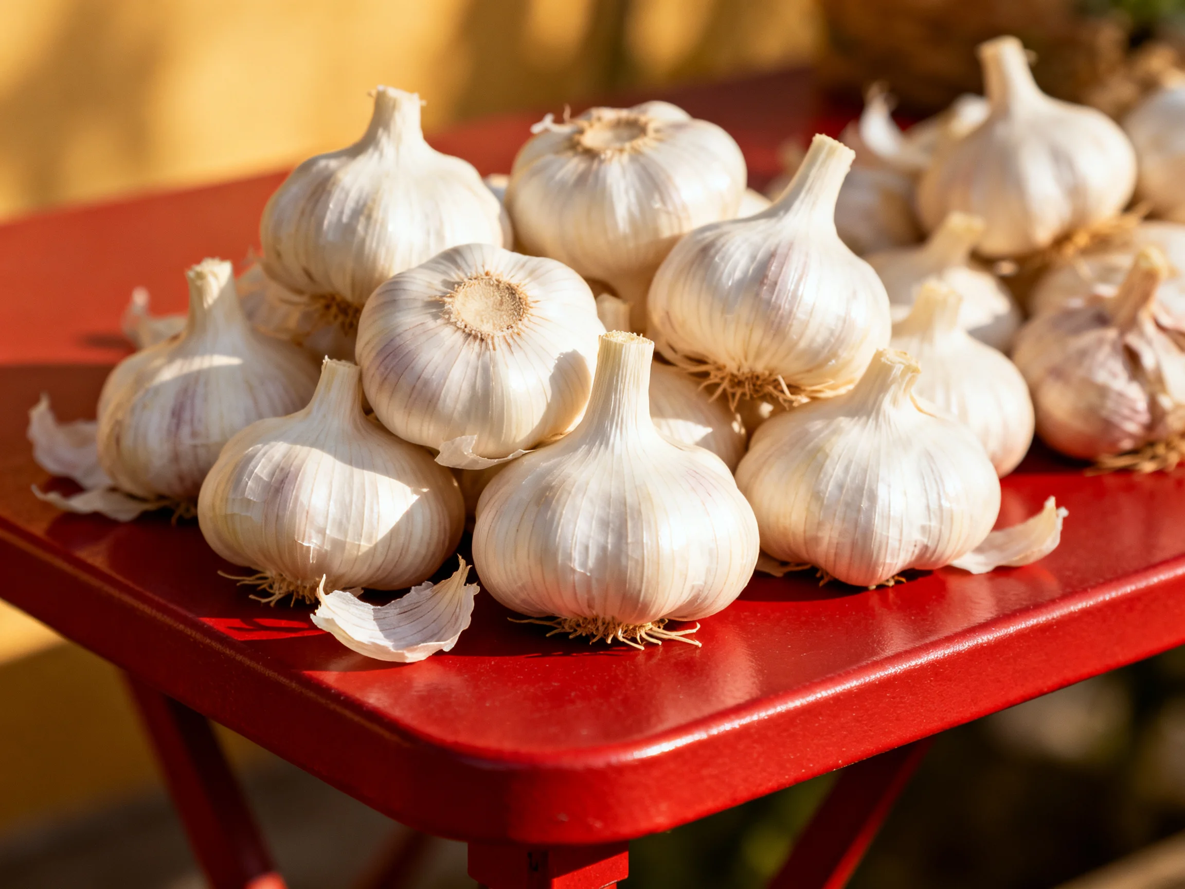 Fresh garlic bulbs piled on a glossy red outdoor table