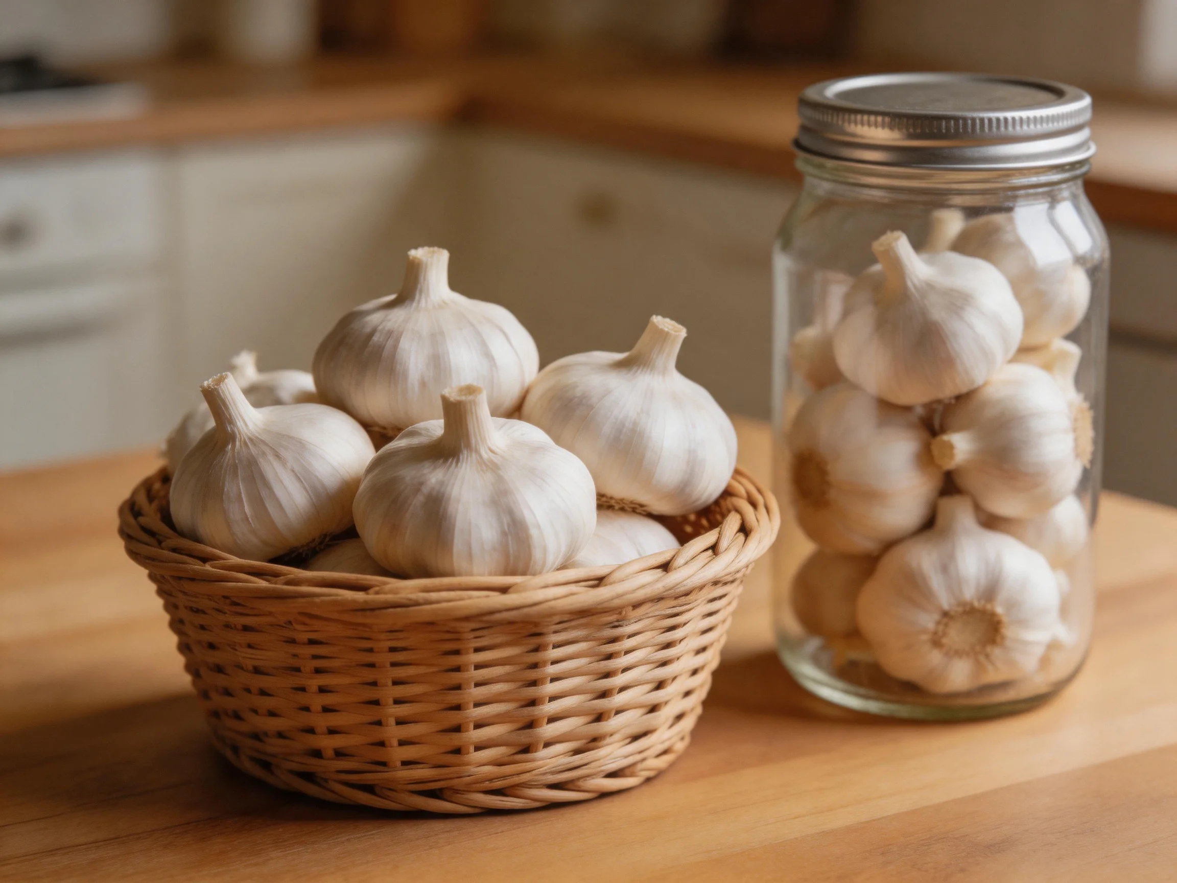 Fresh garlic bulbs stored in a wicker basket and glass jar on a wooden kitchen surface