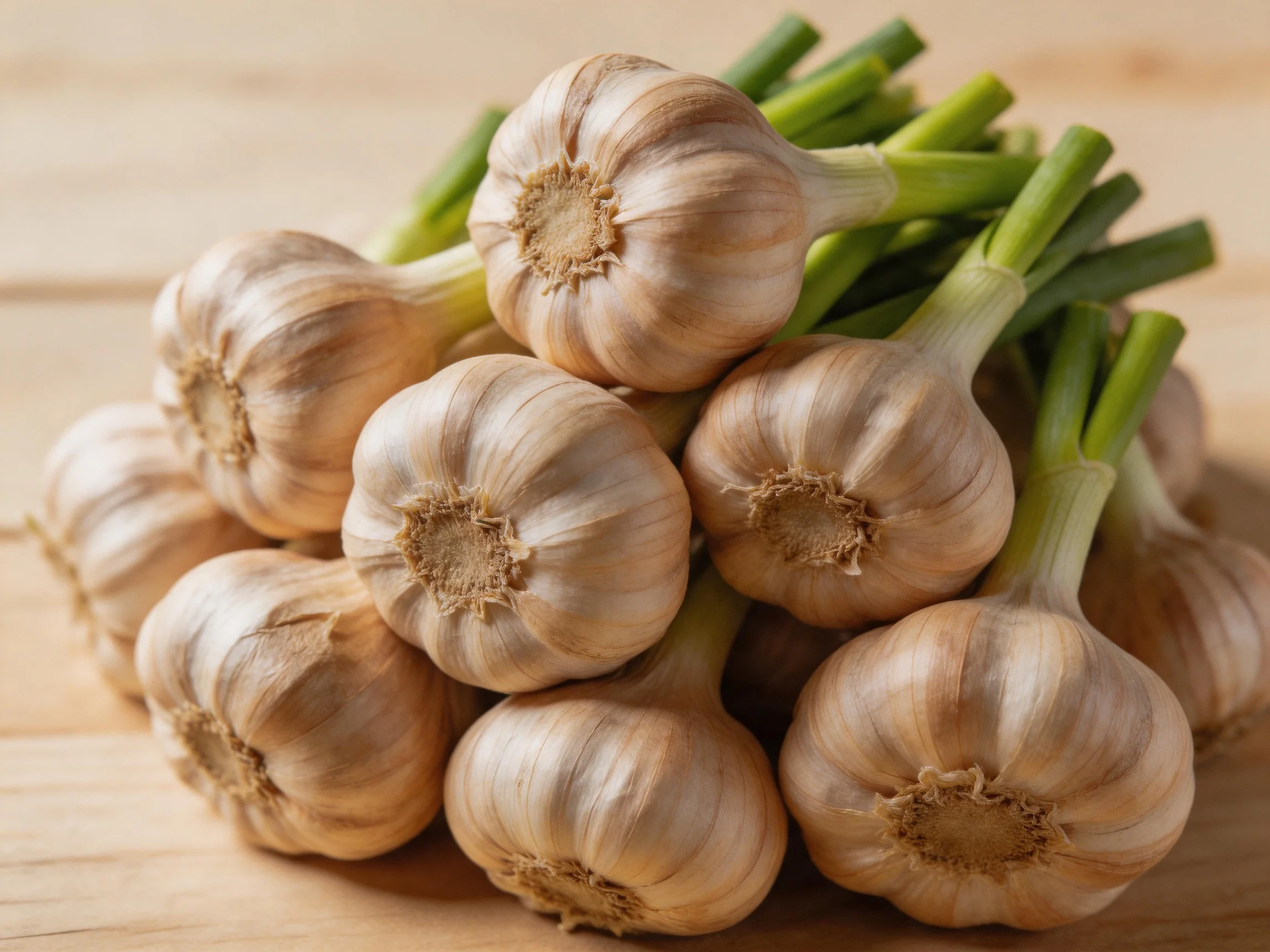 Fresh garlic bulbs with green stems arranged on a wooden surface