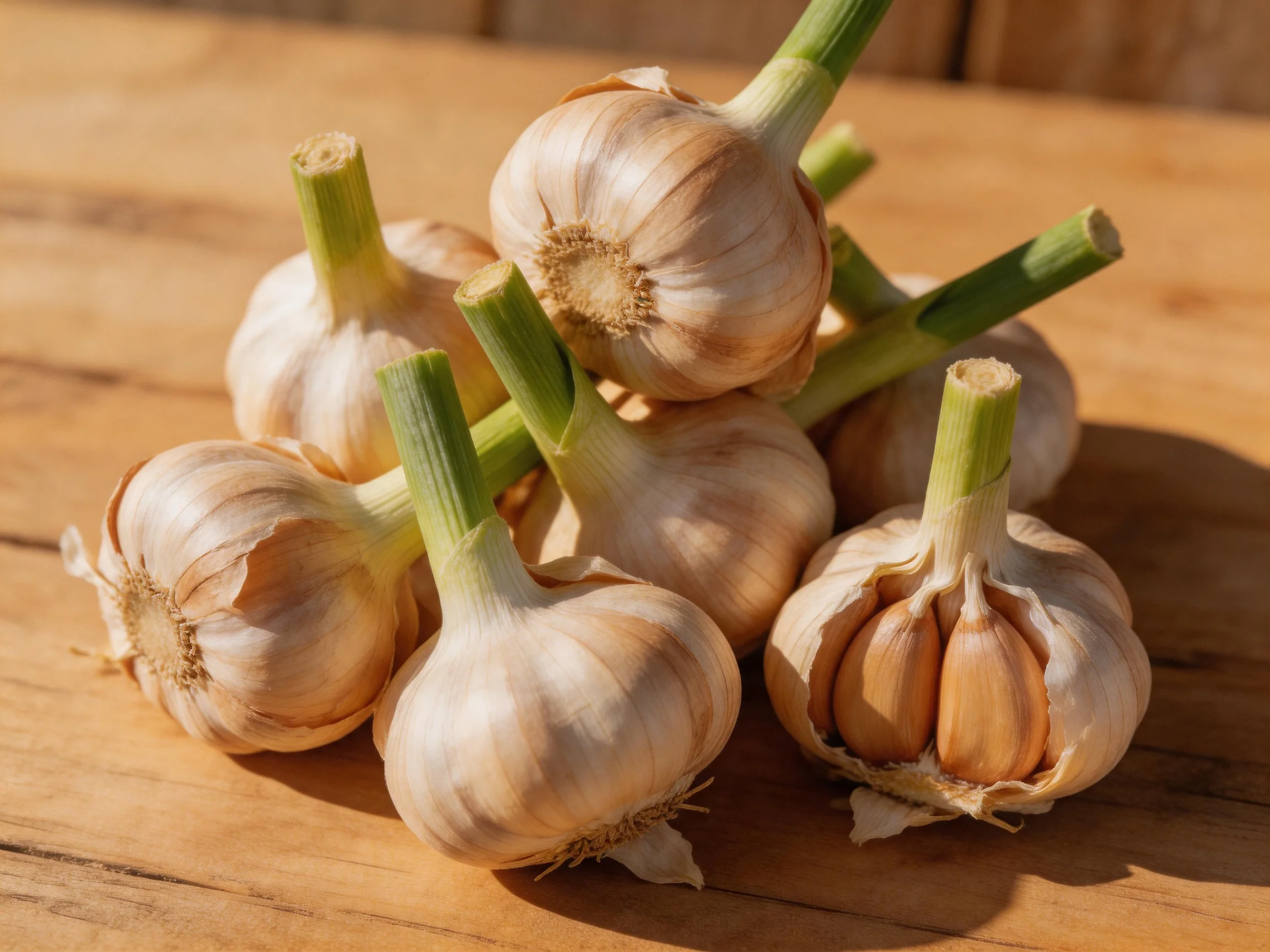 Fresh garlic bulbs with green stems arranged on a wooden surface