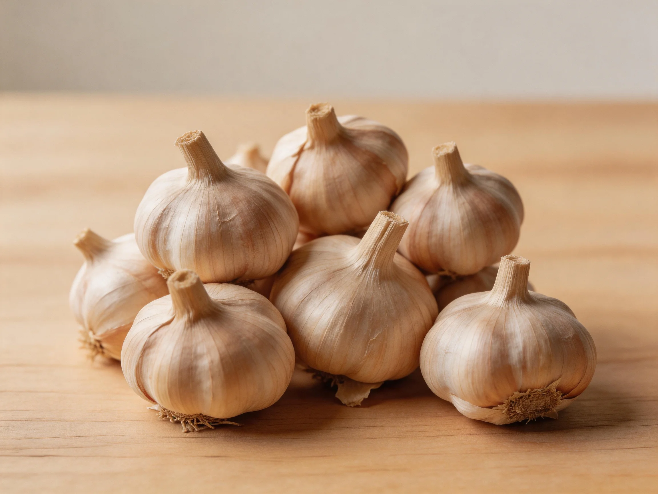 Fresh garlic bulbs with light brown skins clustered on a wooden surface