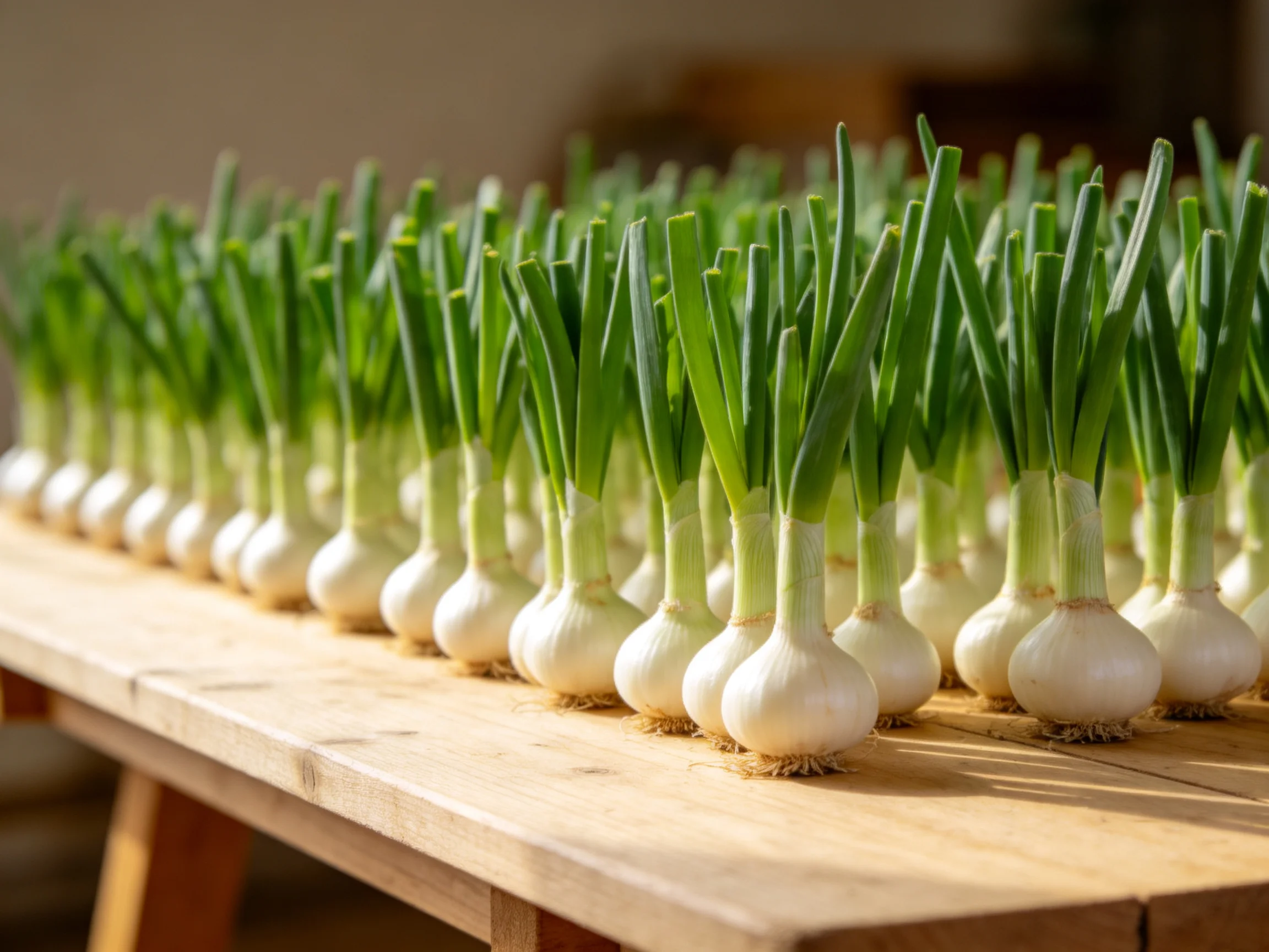 Fresh garlic bulbs with long green shoots arranged in neat rows on a wooden table