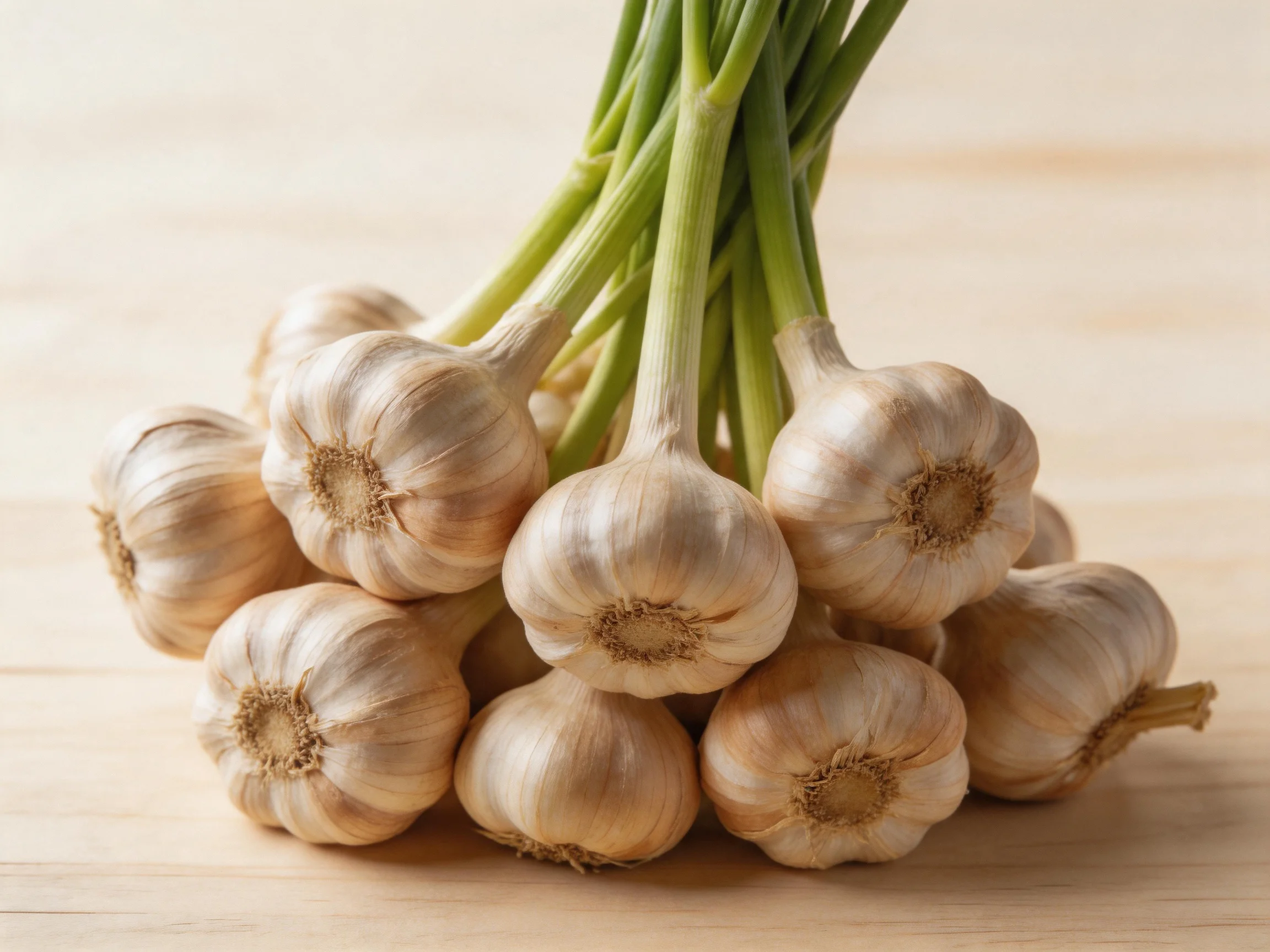 Fresh garlic bulbs with long green stems arranged on a light wooden surface