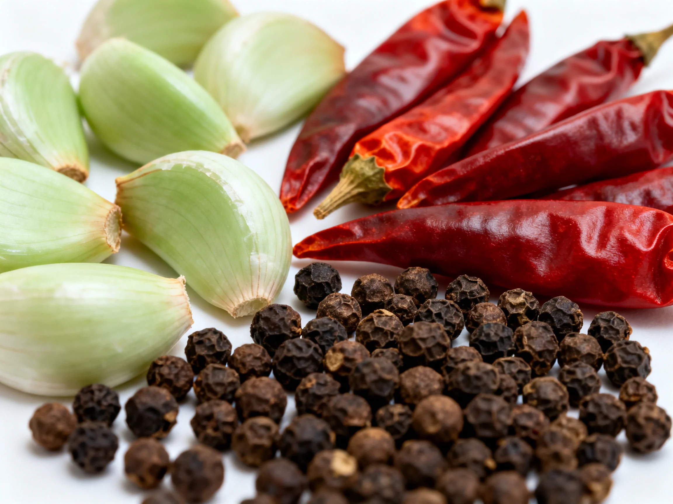 Fresh garlic cloves, vibrant red chilies, and dark peppercorns arranged together