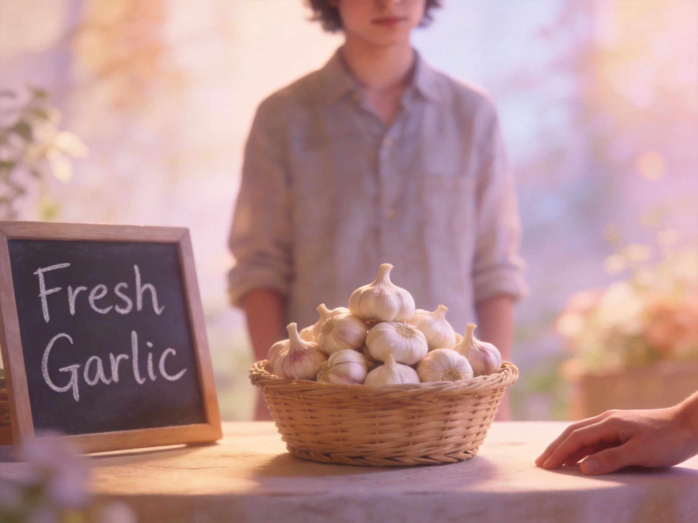 Fresh garlic in a wicker basket with a sign and a person