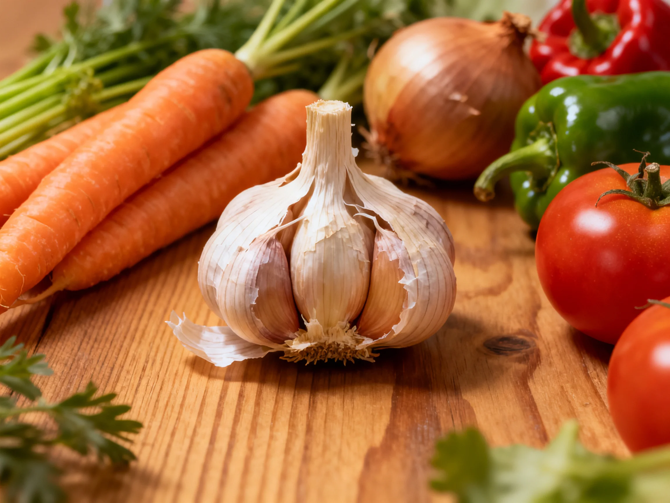 Fresh garlic surrounded by carrots, onions, bell peppers, and tomatoes on a wooden surface