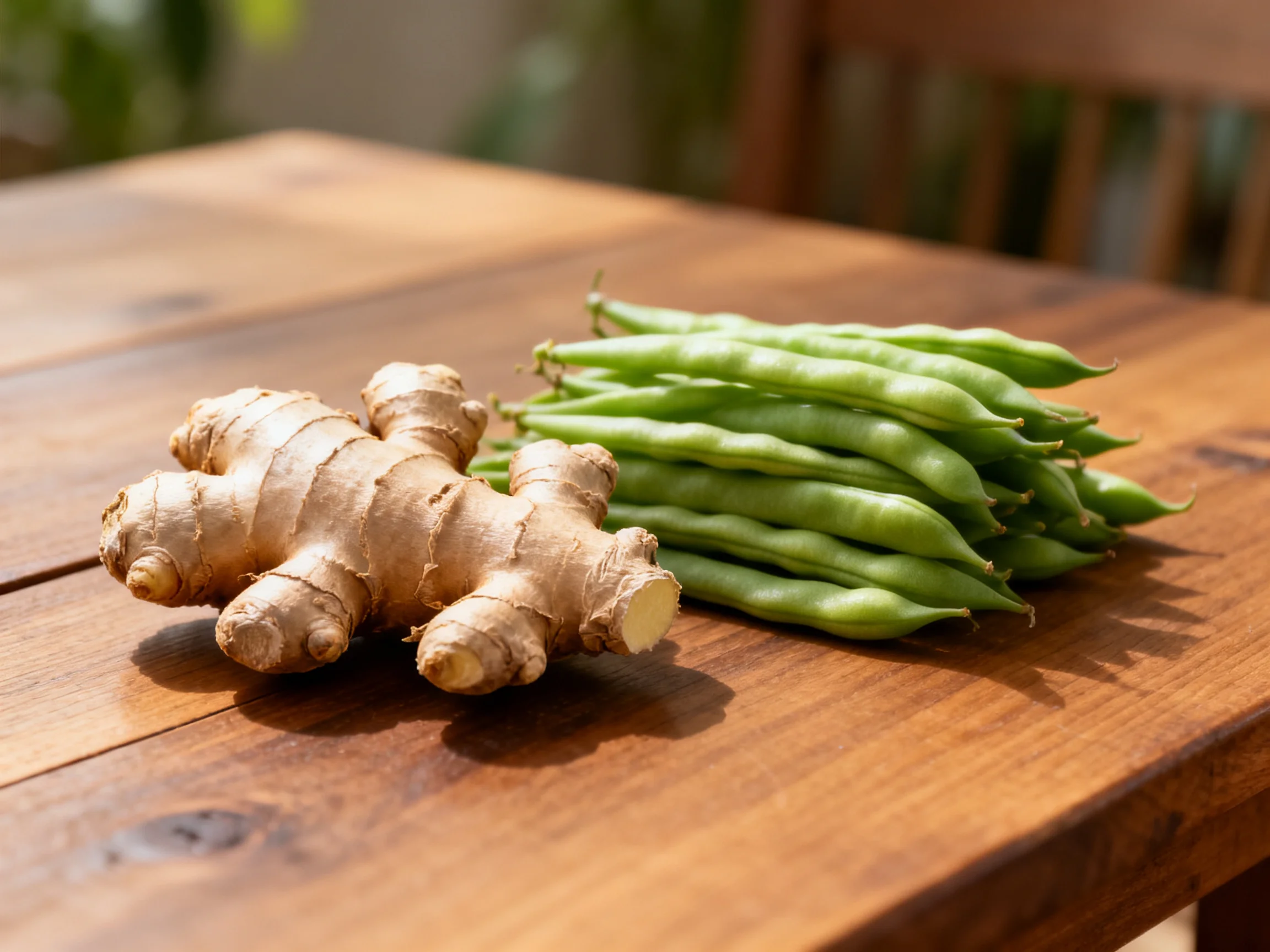 Fresh ginger and green beans arranged on a polished wooden table
