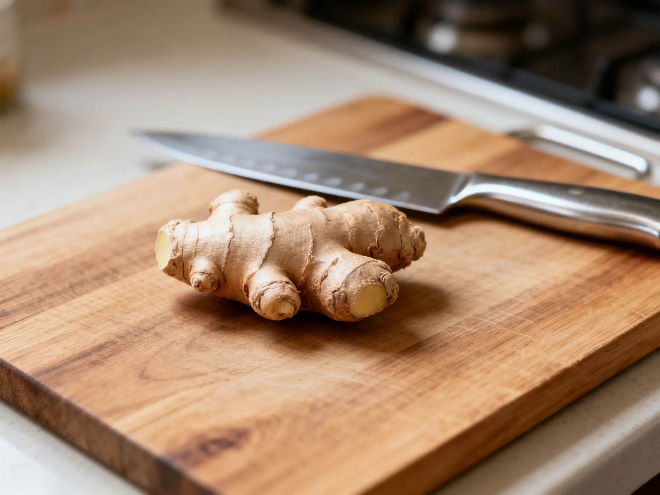 Fresh ginger root on a wooden cutting board beside a stainless steel knife