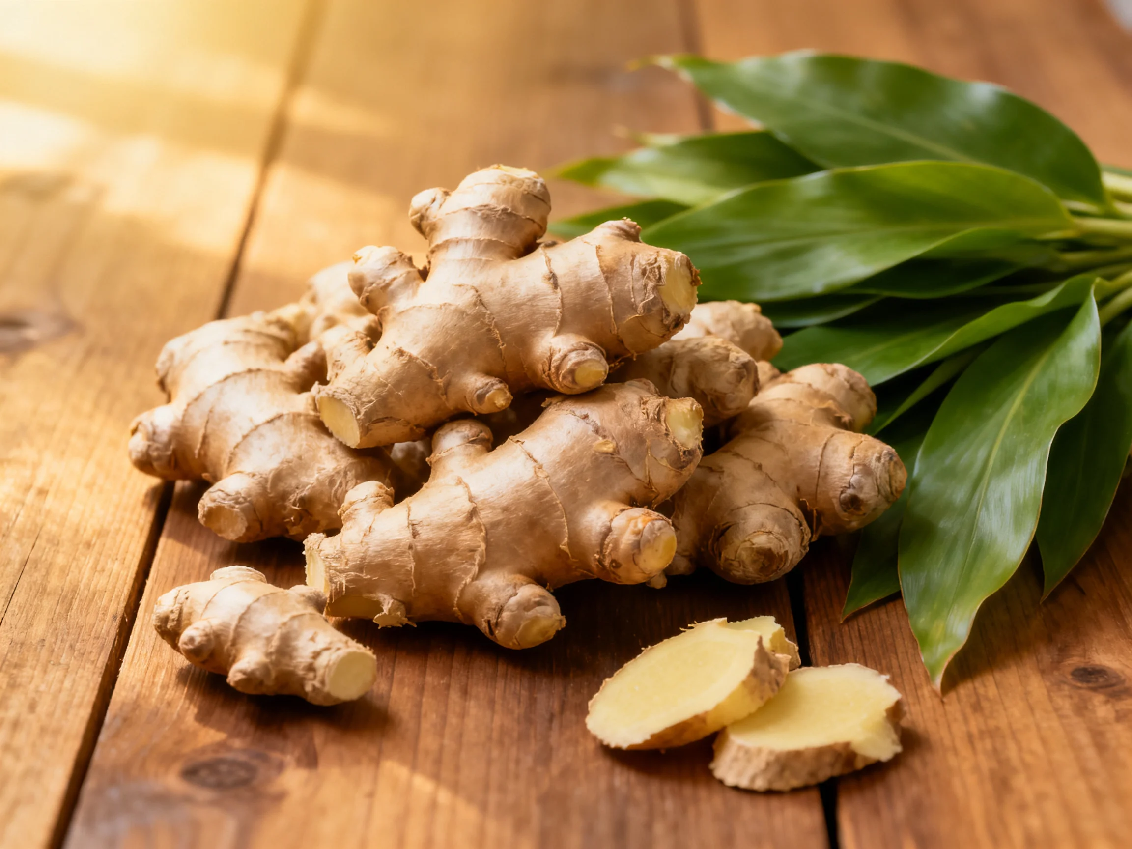 Fresh ginger roots and green leaves on a wooden surface