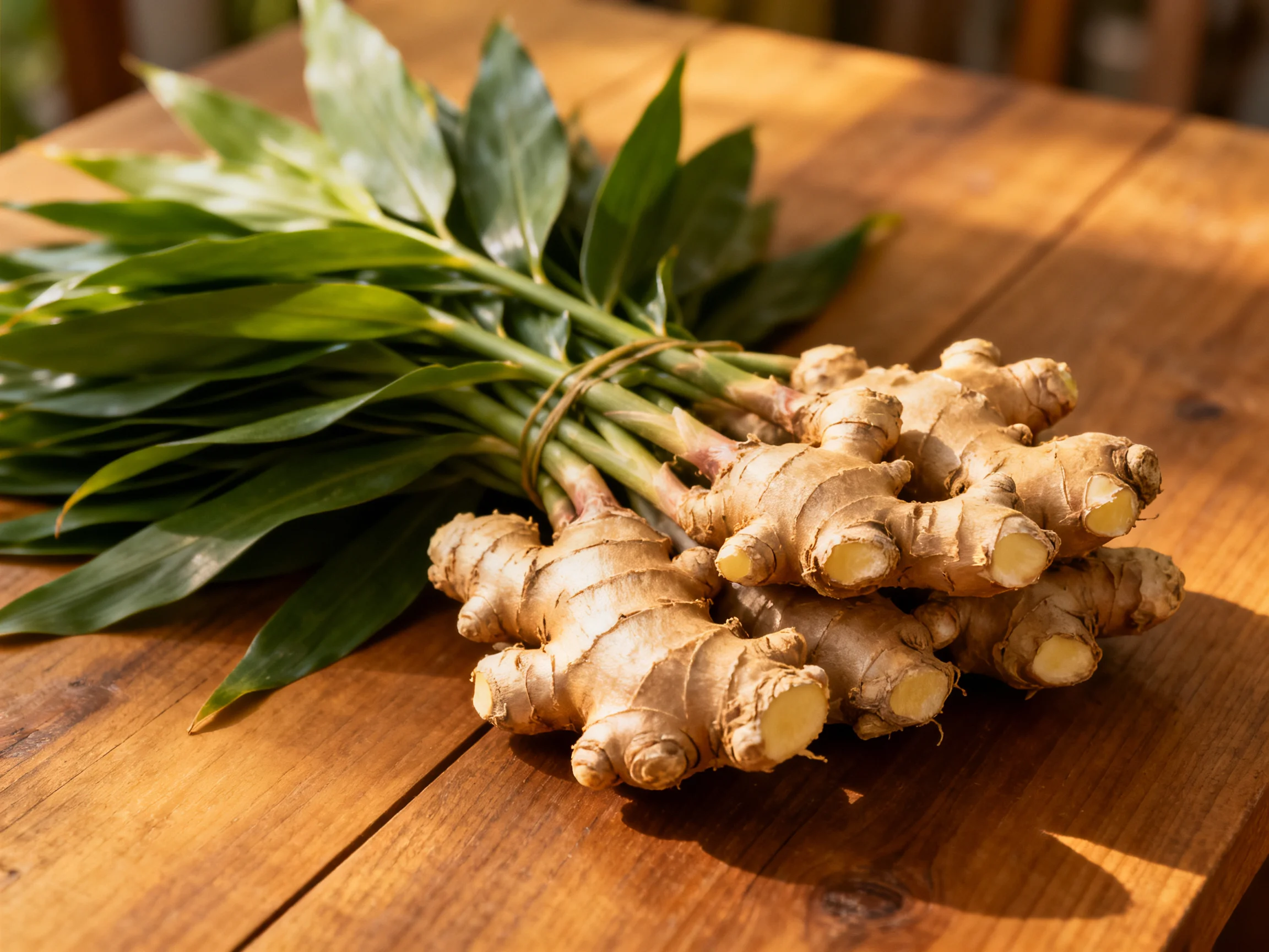 Fresh ginger roots bundled with green leaves on a wooden table