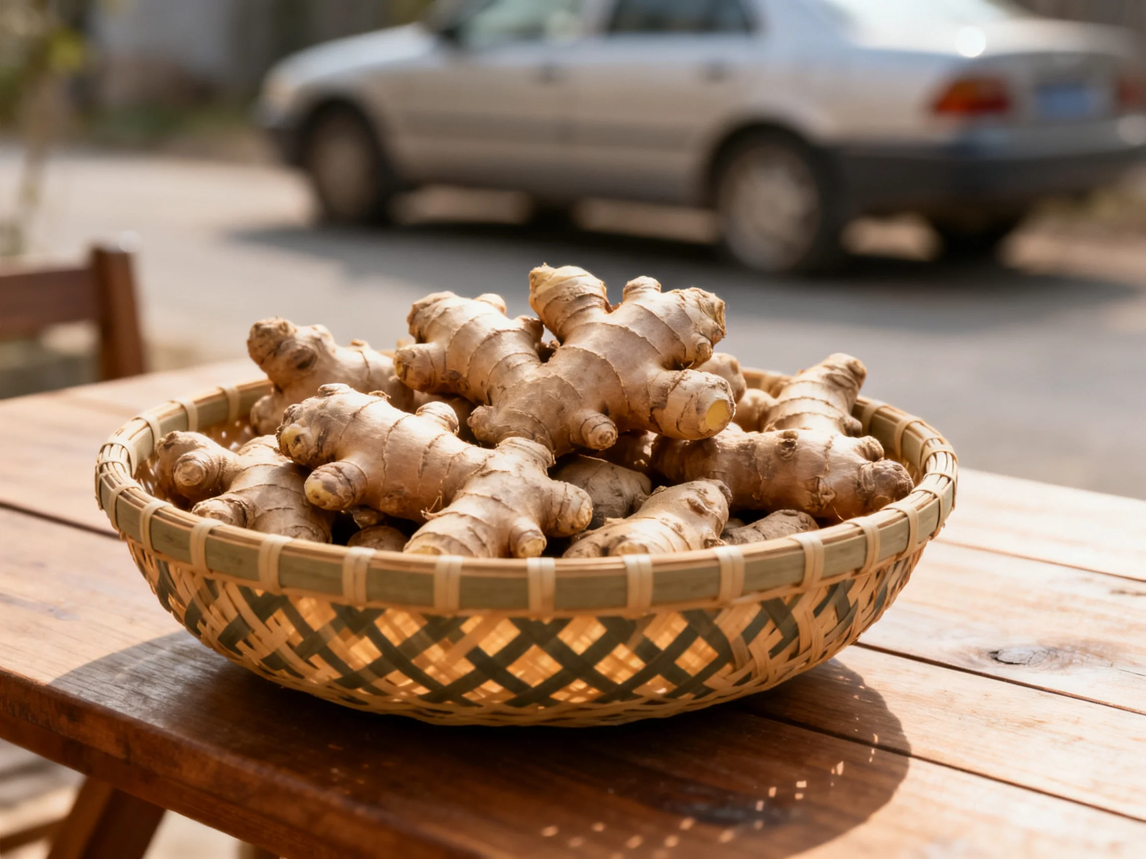 Fresh ginger roots in a woven basket on a wooden table near a street