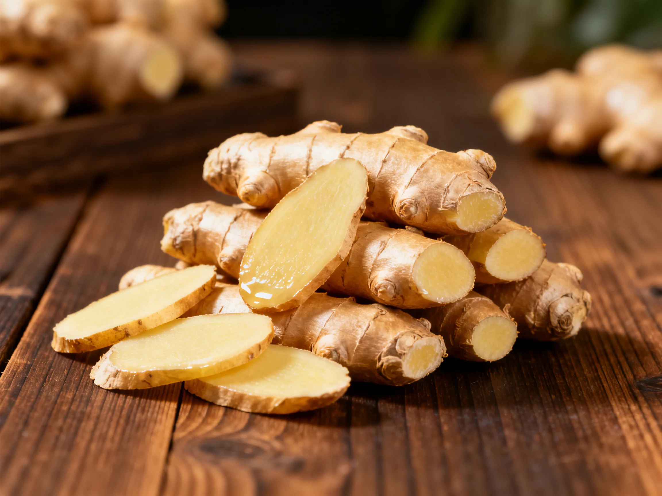 Fresh ginger roots stacked with sliced pieces on rustic wood