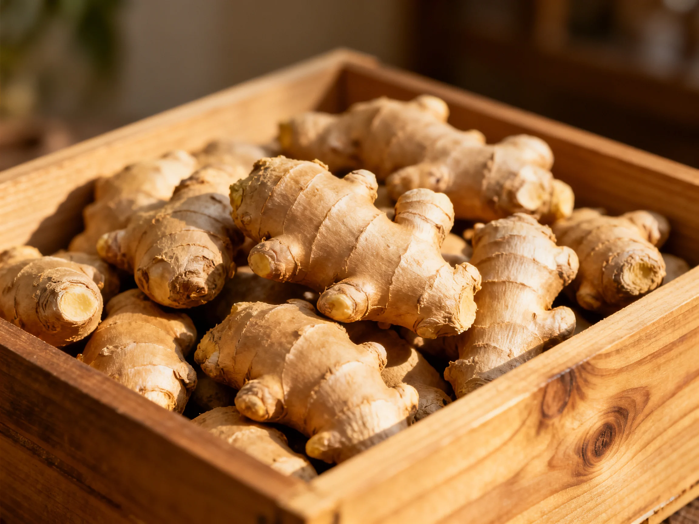 Fresh ginger roots stored in a wooden crate with earthy tones
