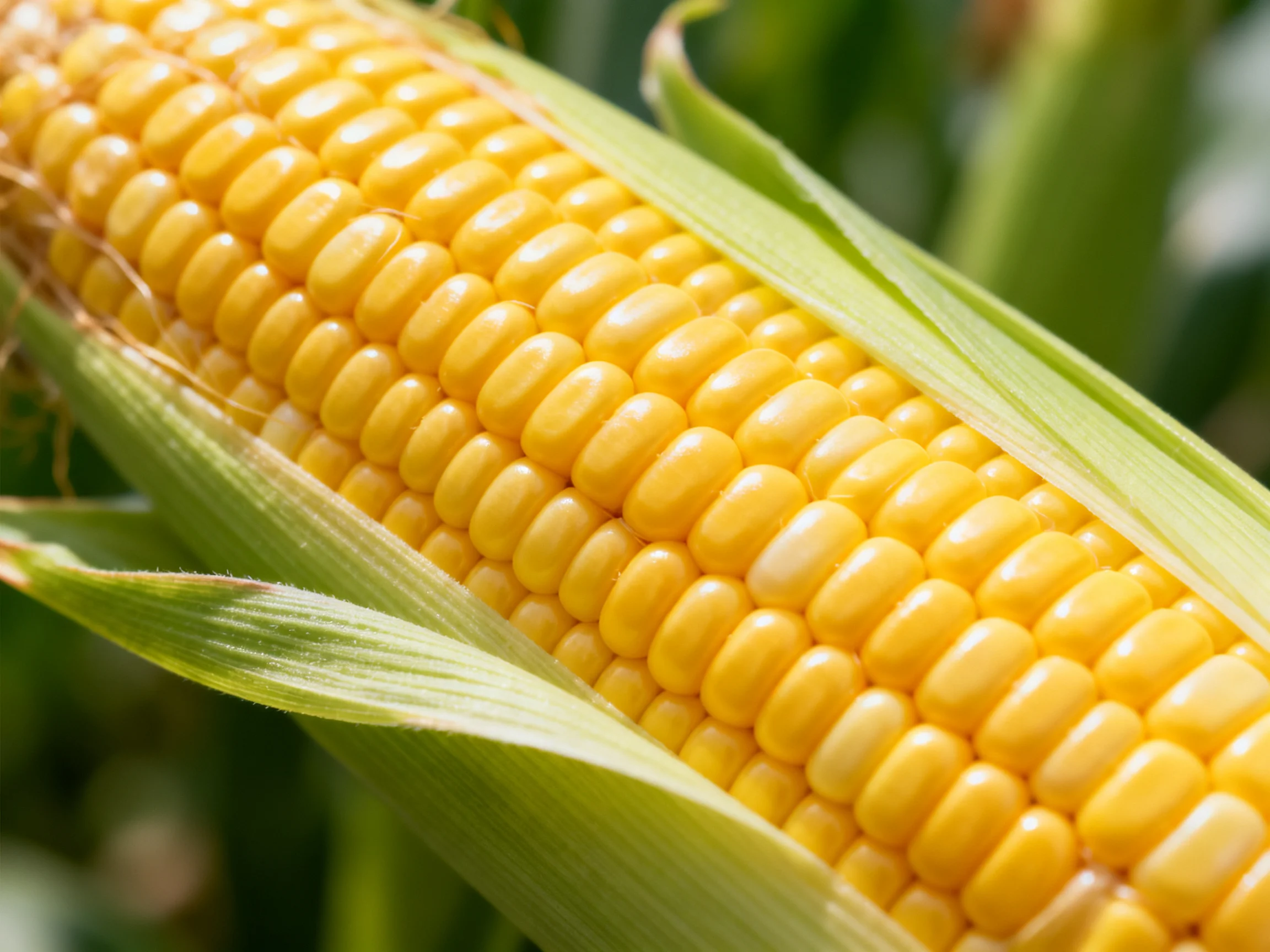 Fresh golden corn cob with vibrant yellow kernels and green husk