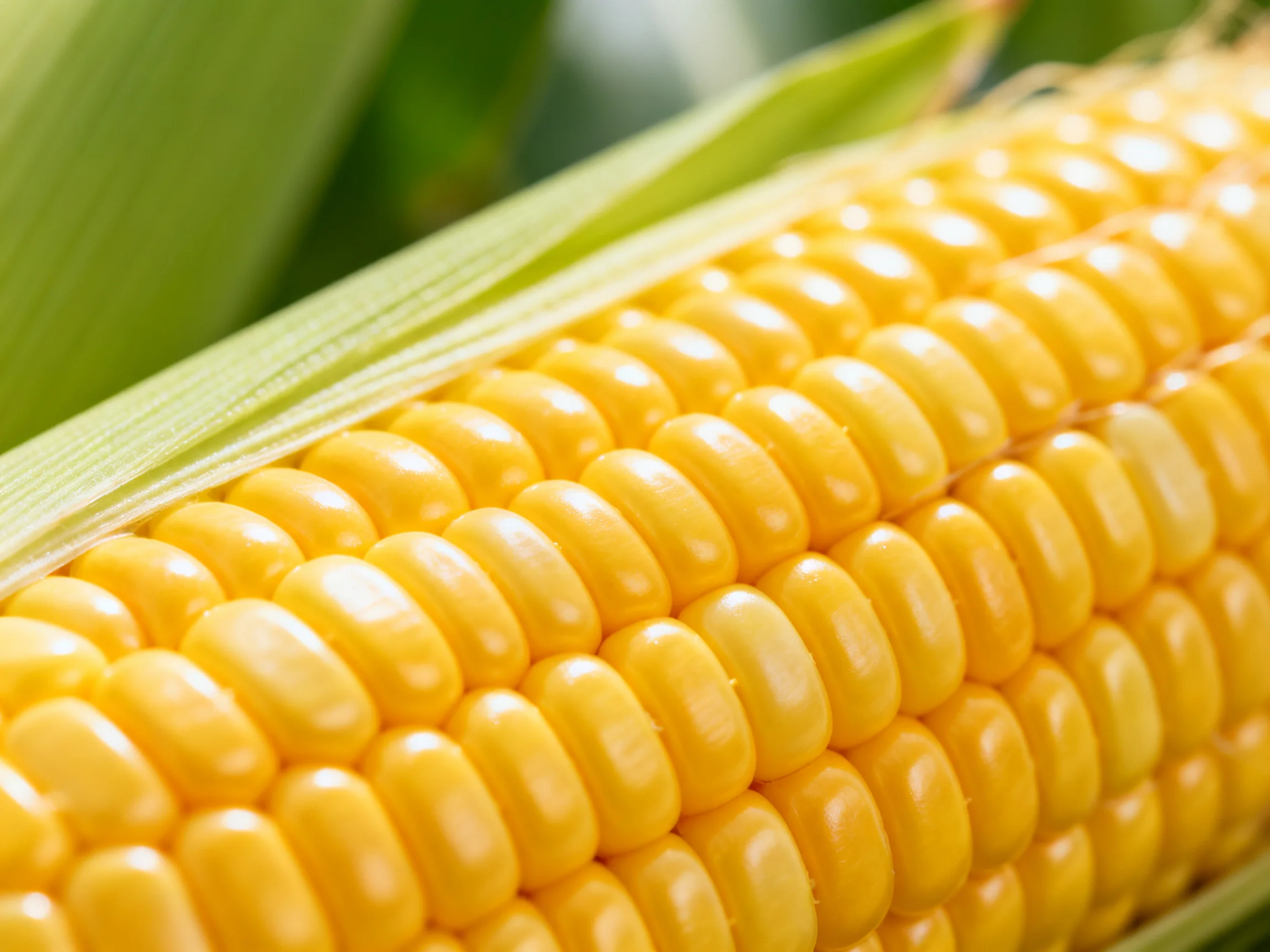 Fresh golden corn kernels arranged in tight rows with green husk