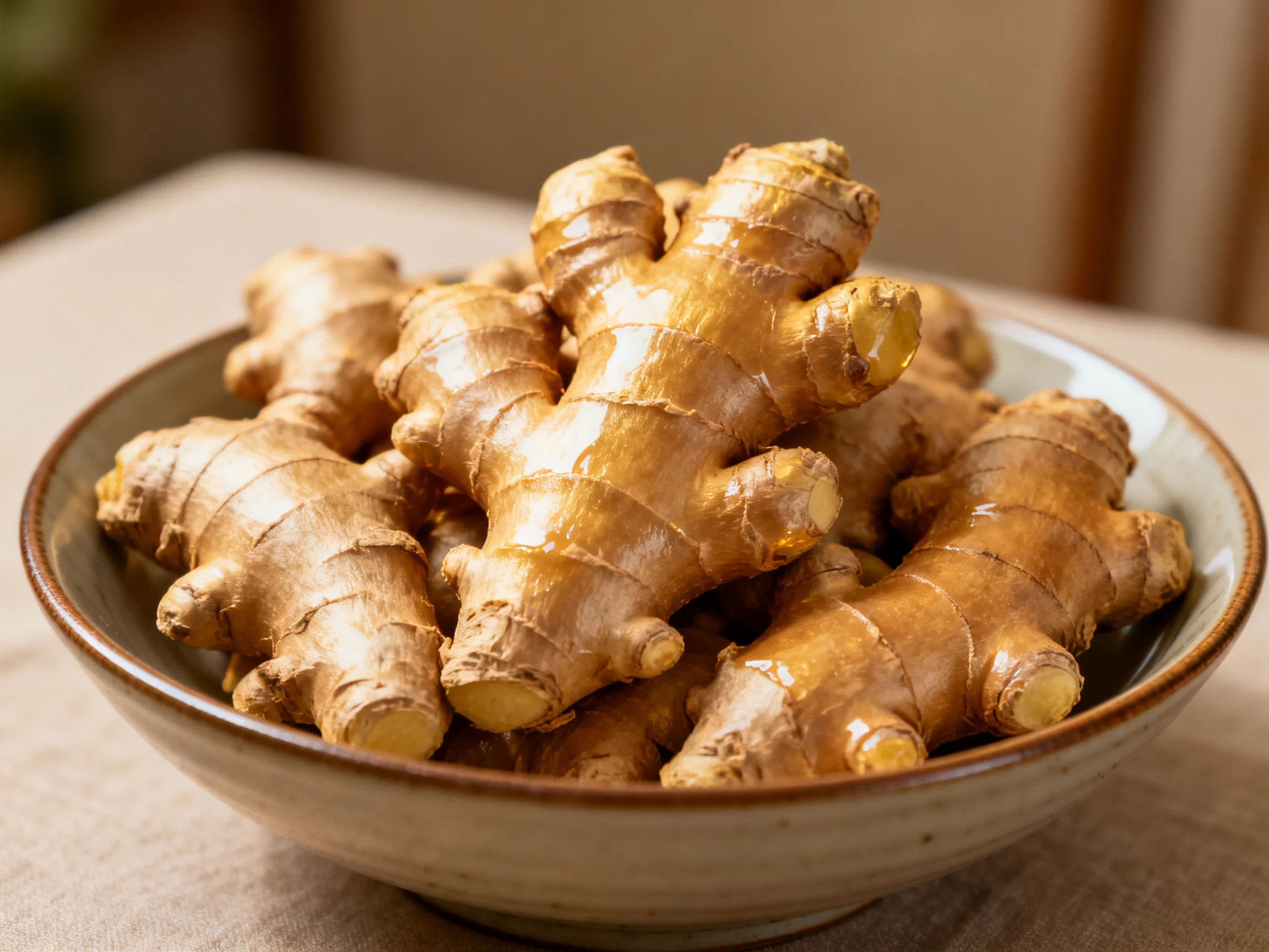 Fresh golden ginger roots in an earth-toned ceramic bowl