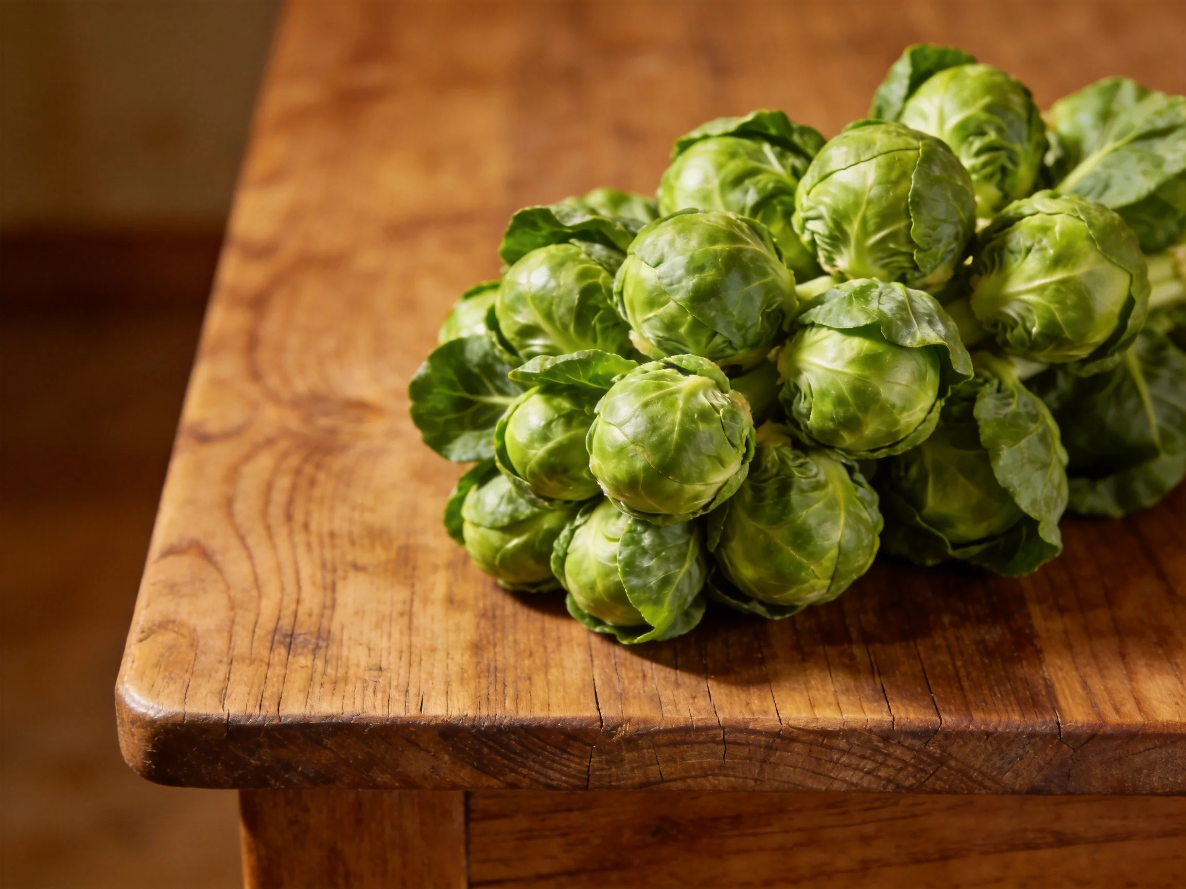 Fresh green Brussels sprouts arranged on an aged wooden table