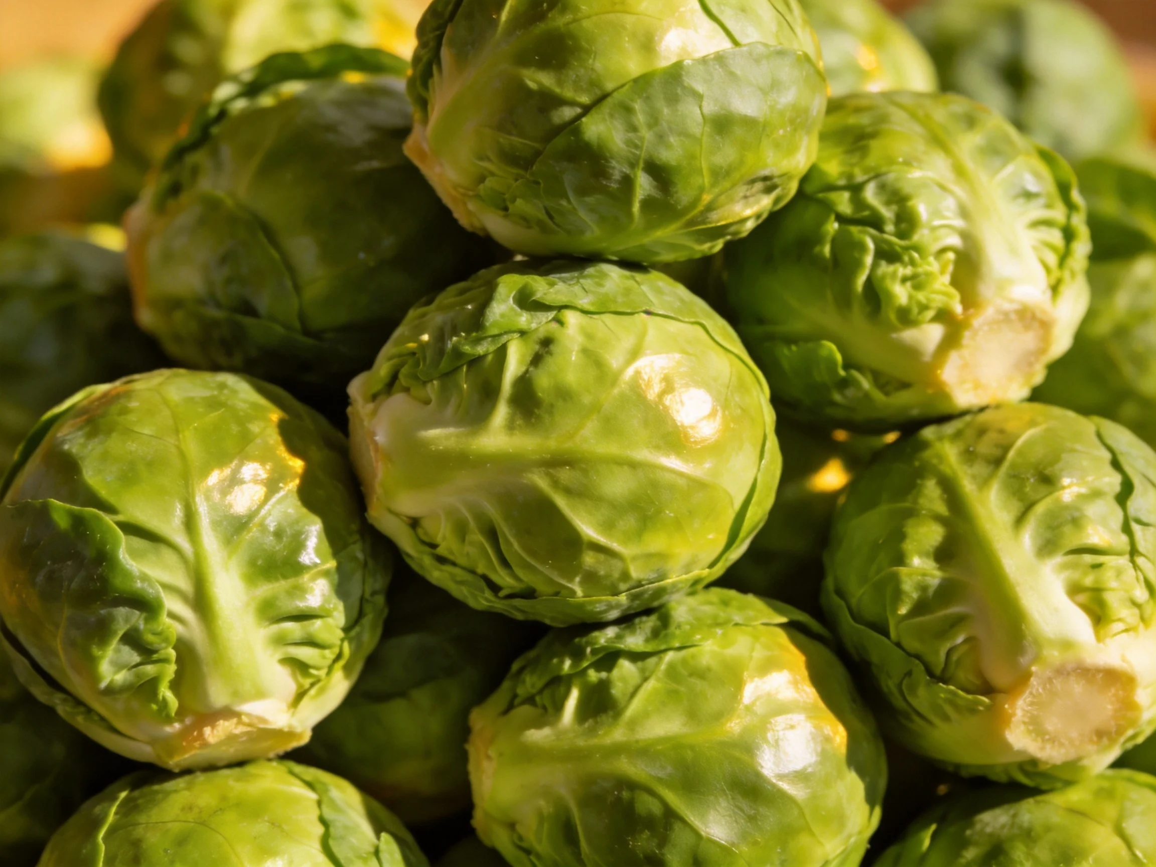 Fresh green Brussels sprouts closely stacked in a pyramid formation