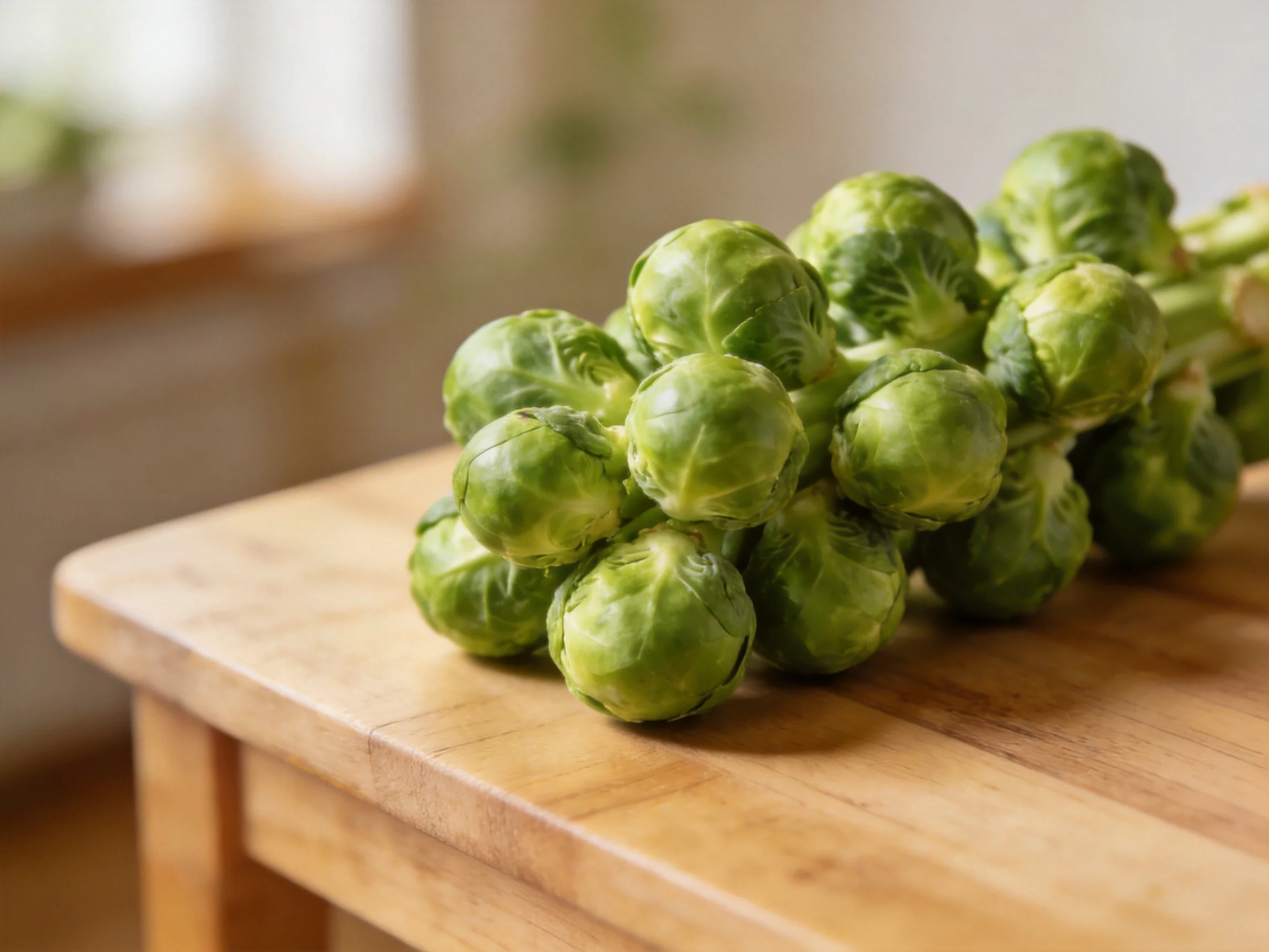 Fresh green Brussels sprouts clustered on a wooden cutting board