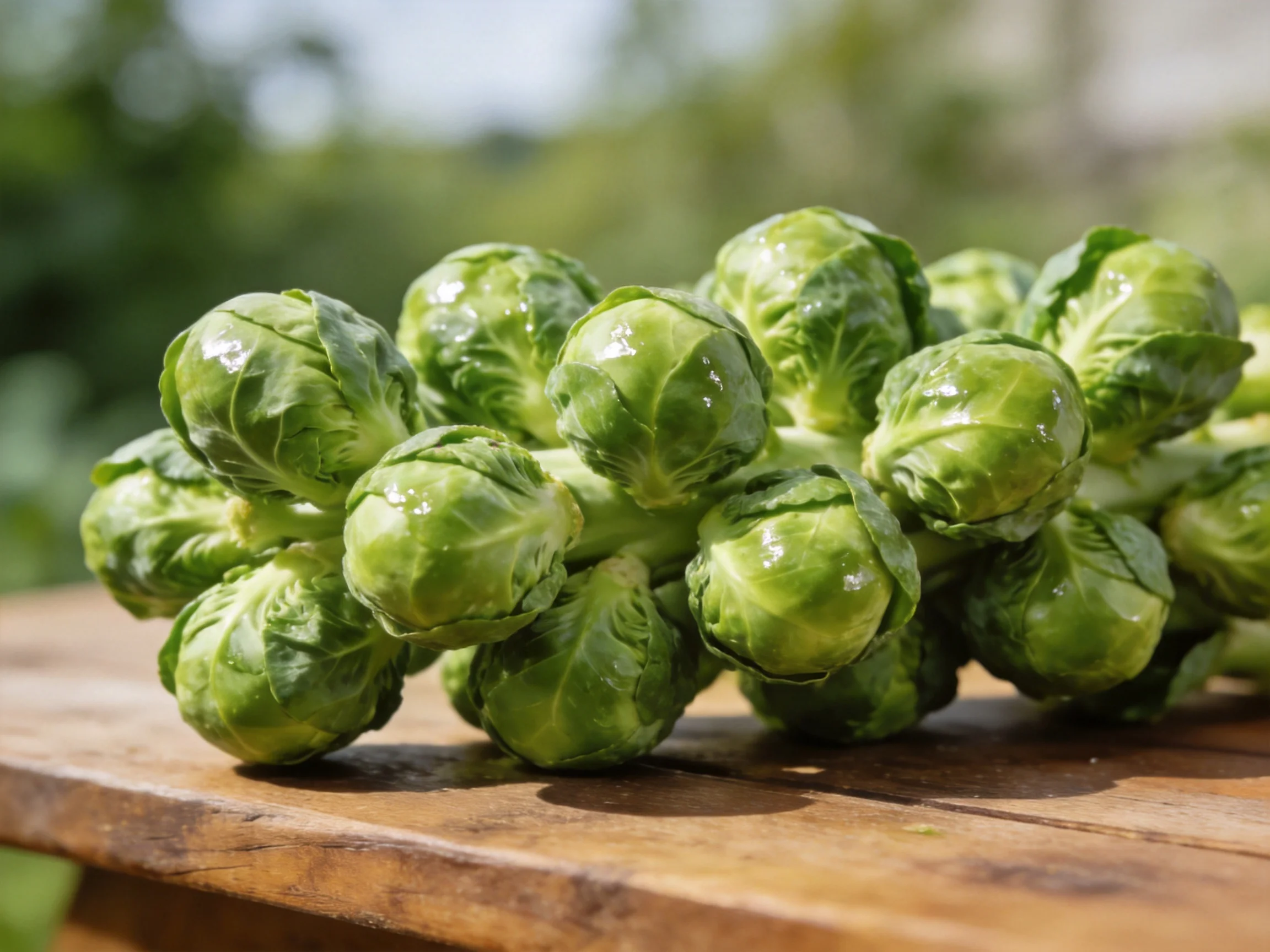 Fresh green Brussels sprouts clustered on a wooden outdoor table