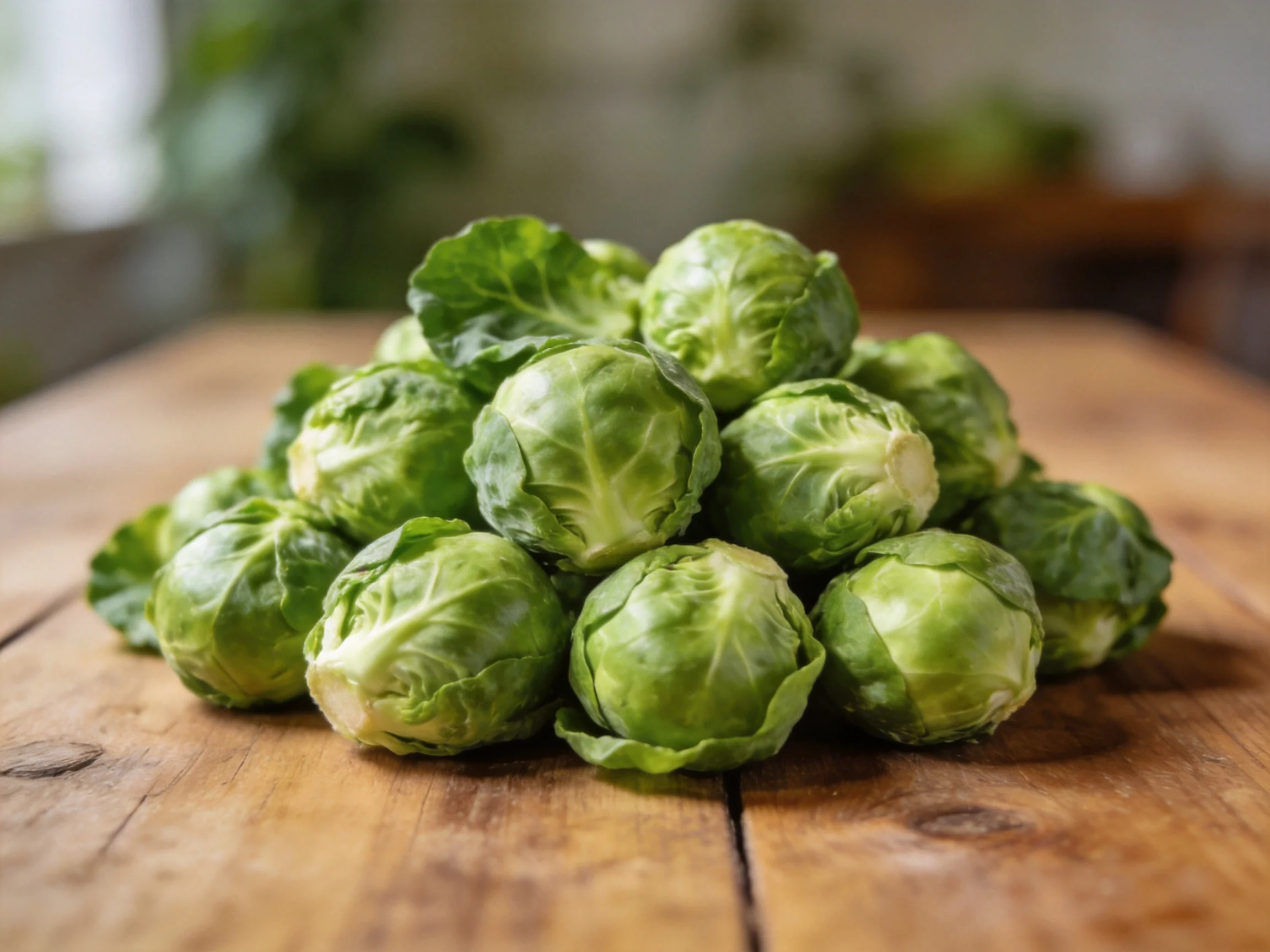 Fresh green Brussels sprouts piled high on a rustic wooden surface