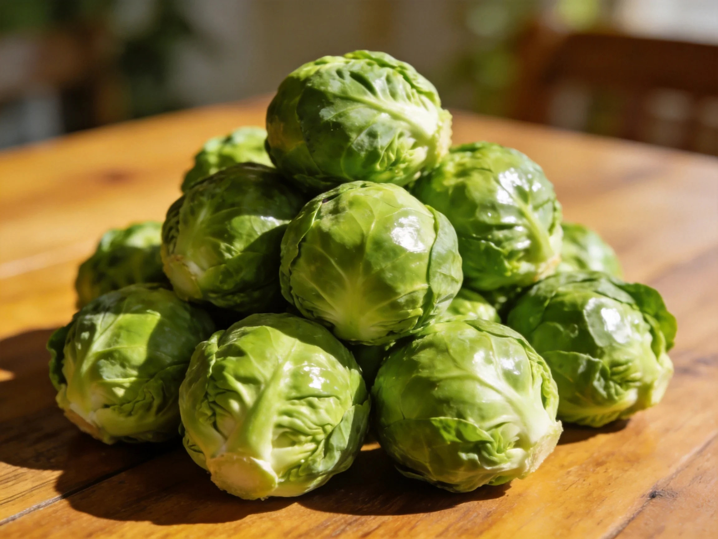 Fresh green Brussels sprouts piled into a pyramid on a wooden table