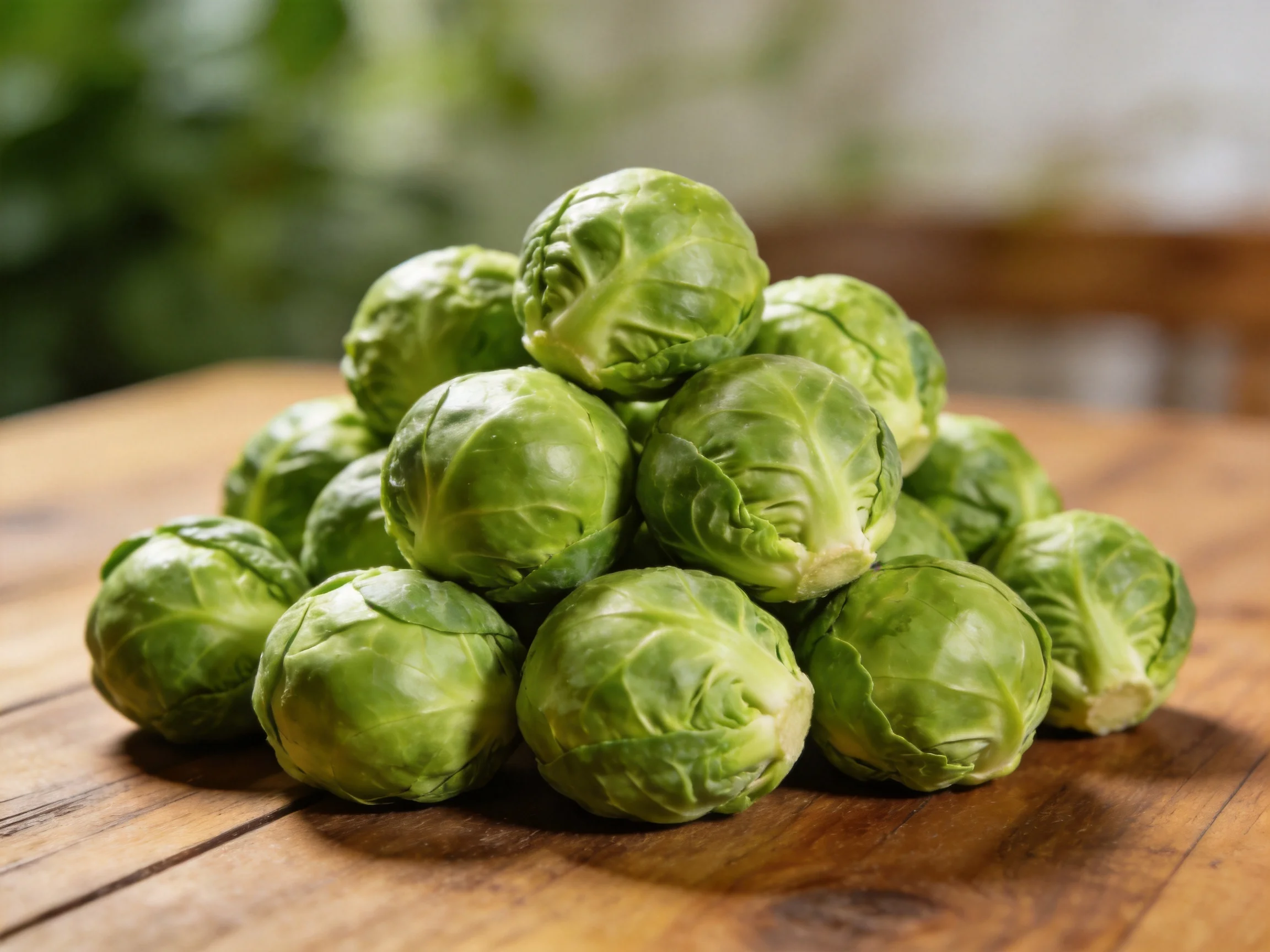 Fresh green Brussels sprouts piled on a rustic wooden table