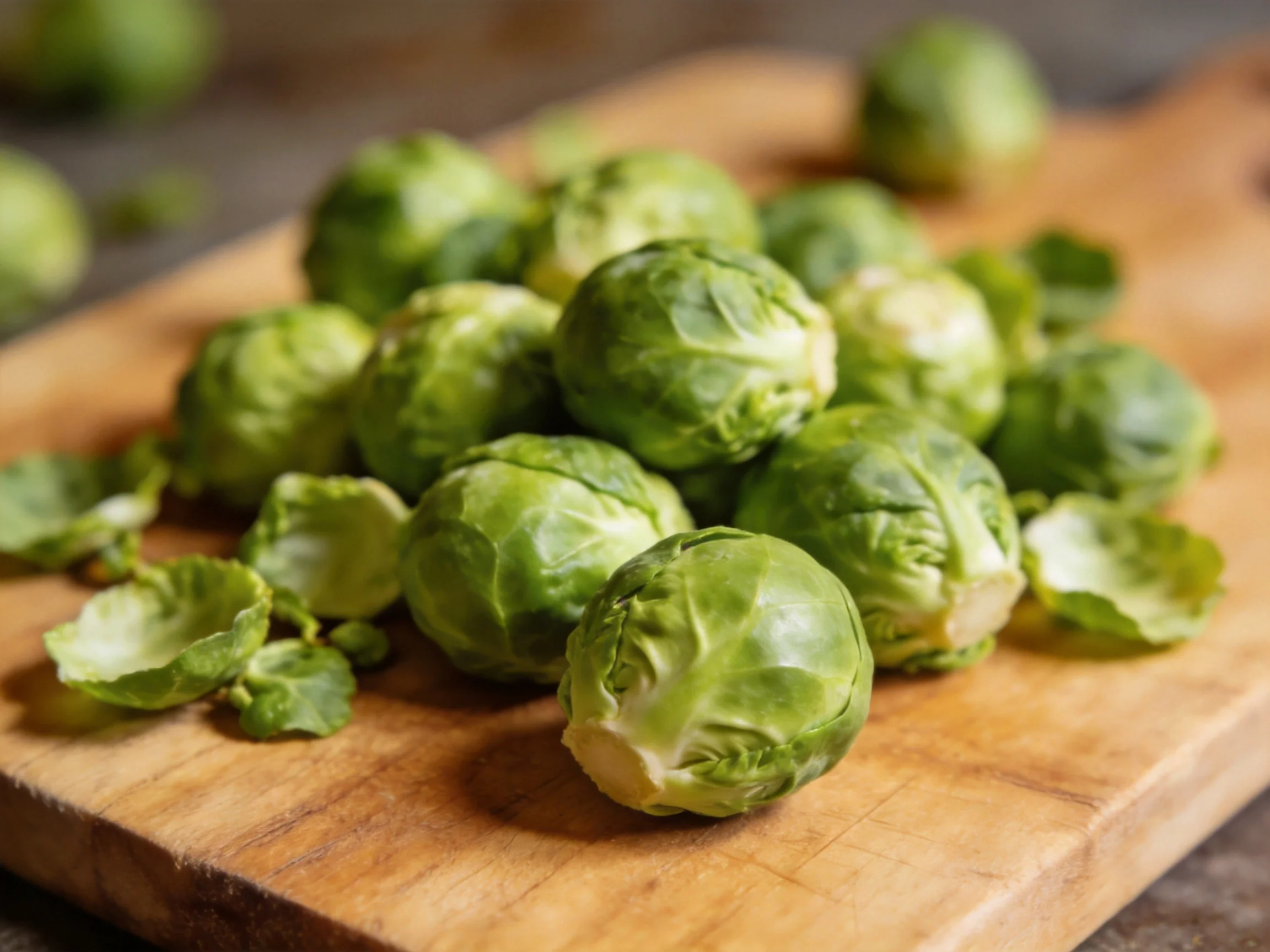 Fresh green Brussels sprouts scattered on a wooden cutting board