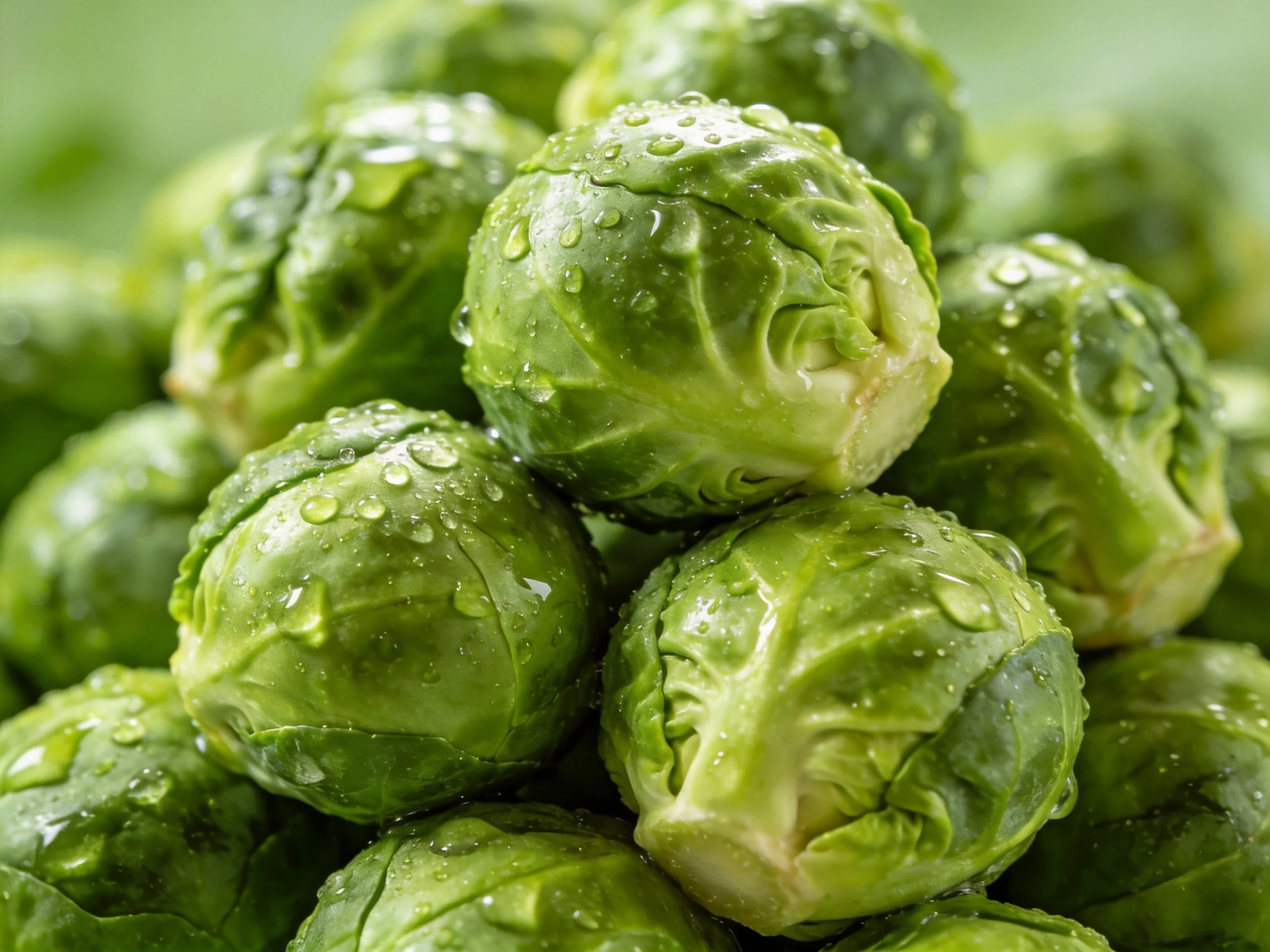 Fresh green Brussels sprouts stacked with glistening water droplets