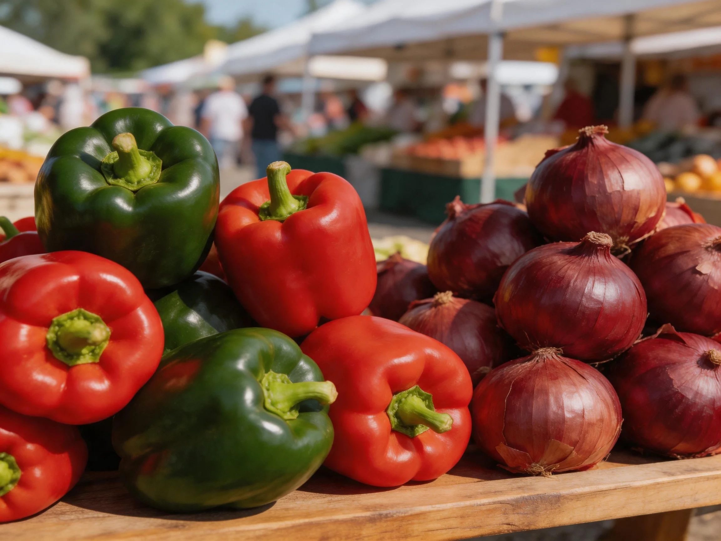 Fresh green and red bell peppers alongside red onions at an outdoor market
