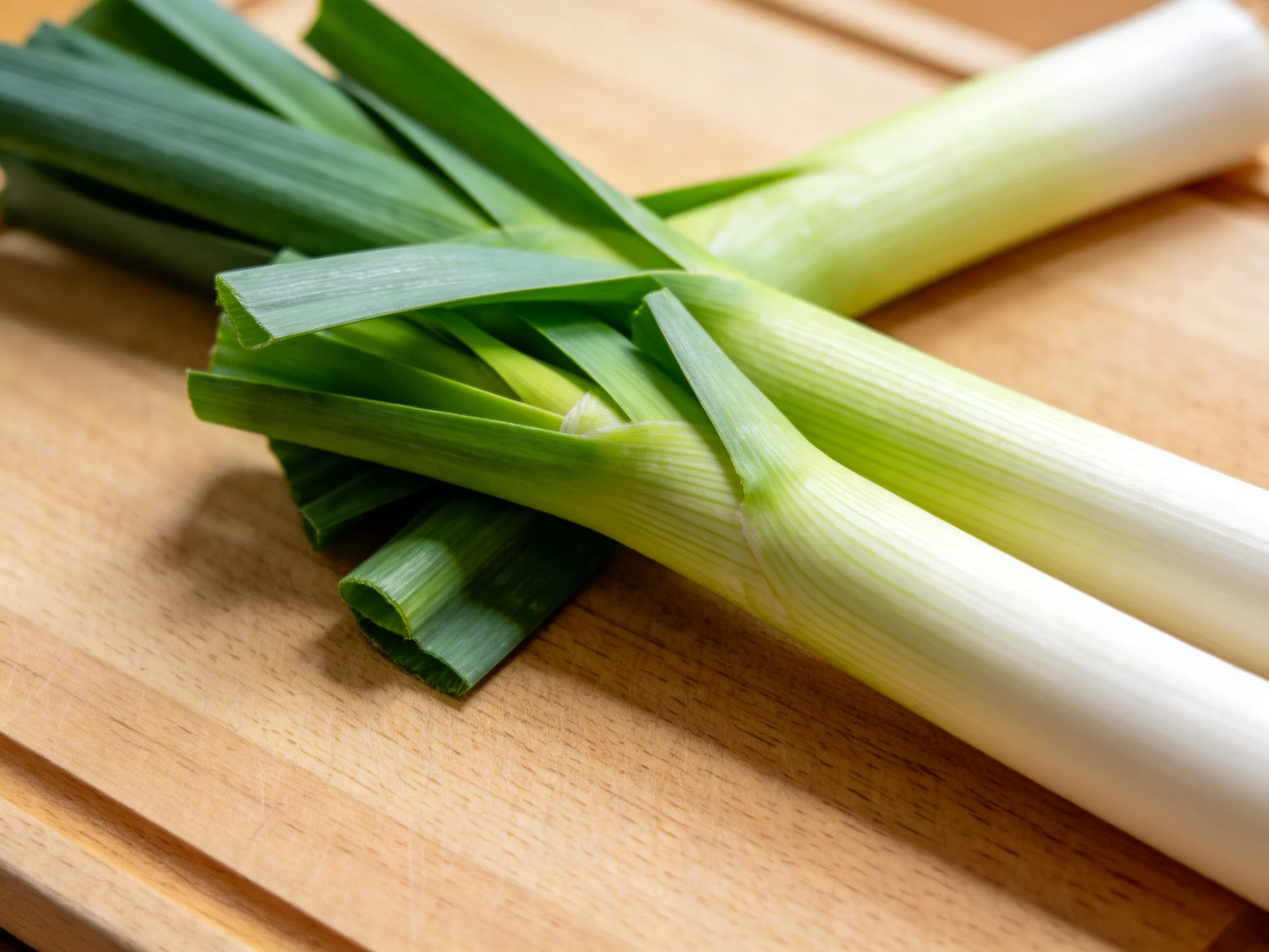 Fresh green and white leeks arranged on a wooden cutting board