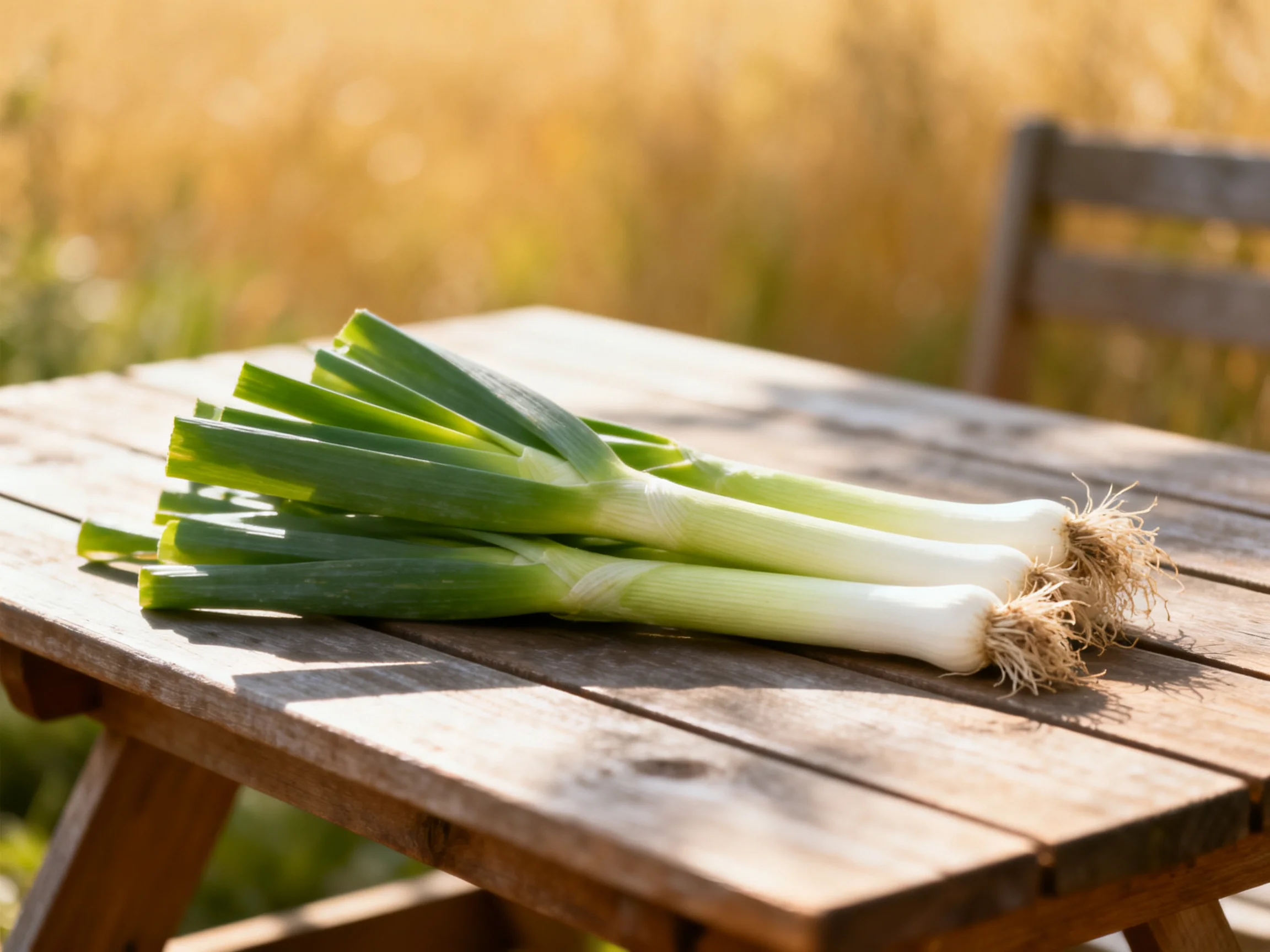 Fresh green and white leeks placed on a weathered wooden outdoor table