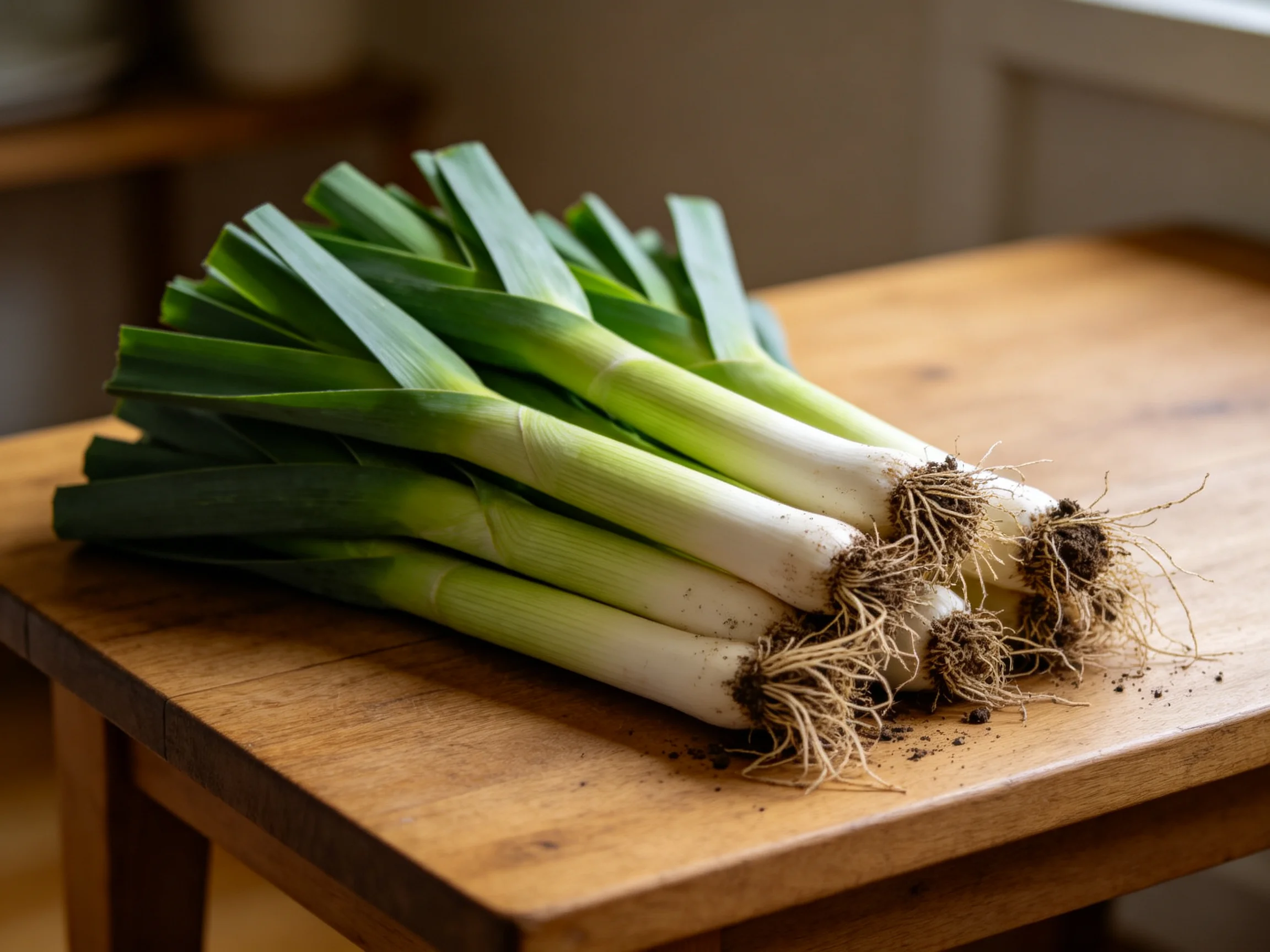 Fresh green and white leeks with exposed roots on a wooden cutting board