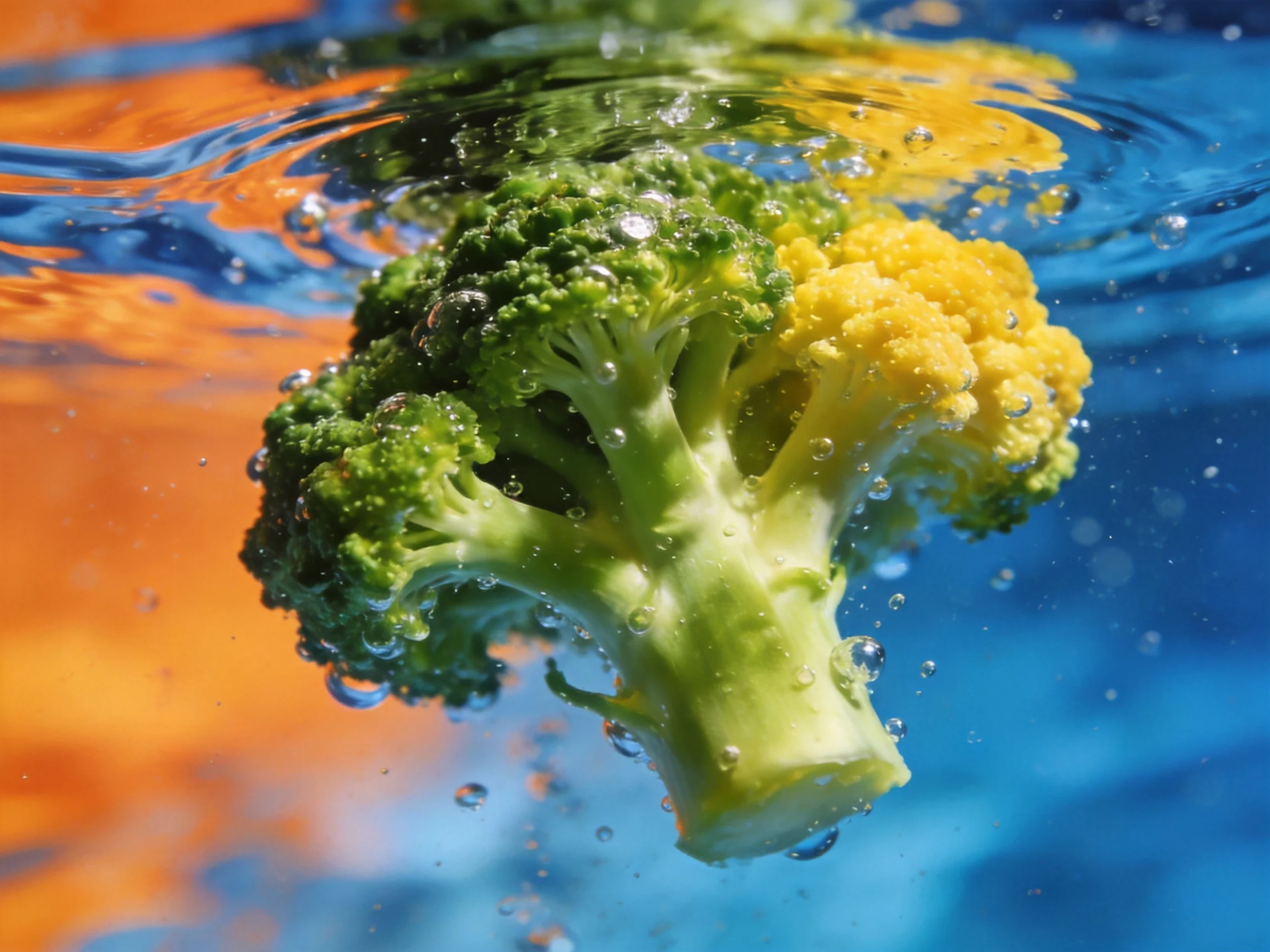 Fresh green and yellow broccoli submerged in clear blue water with bubbles