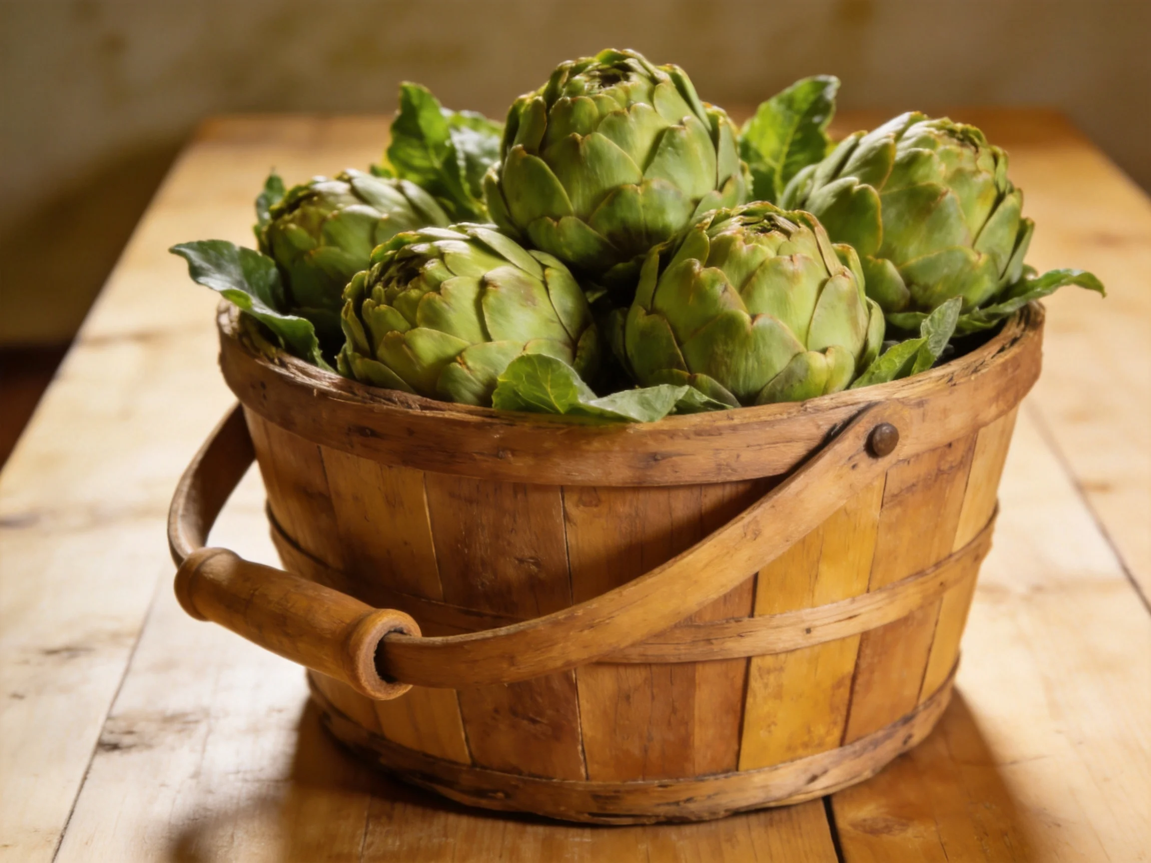 Fresh green artichokes arranged in a rustic wooden basket