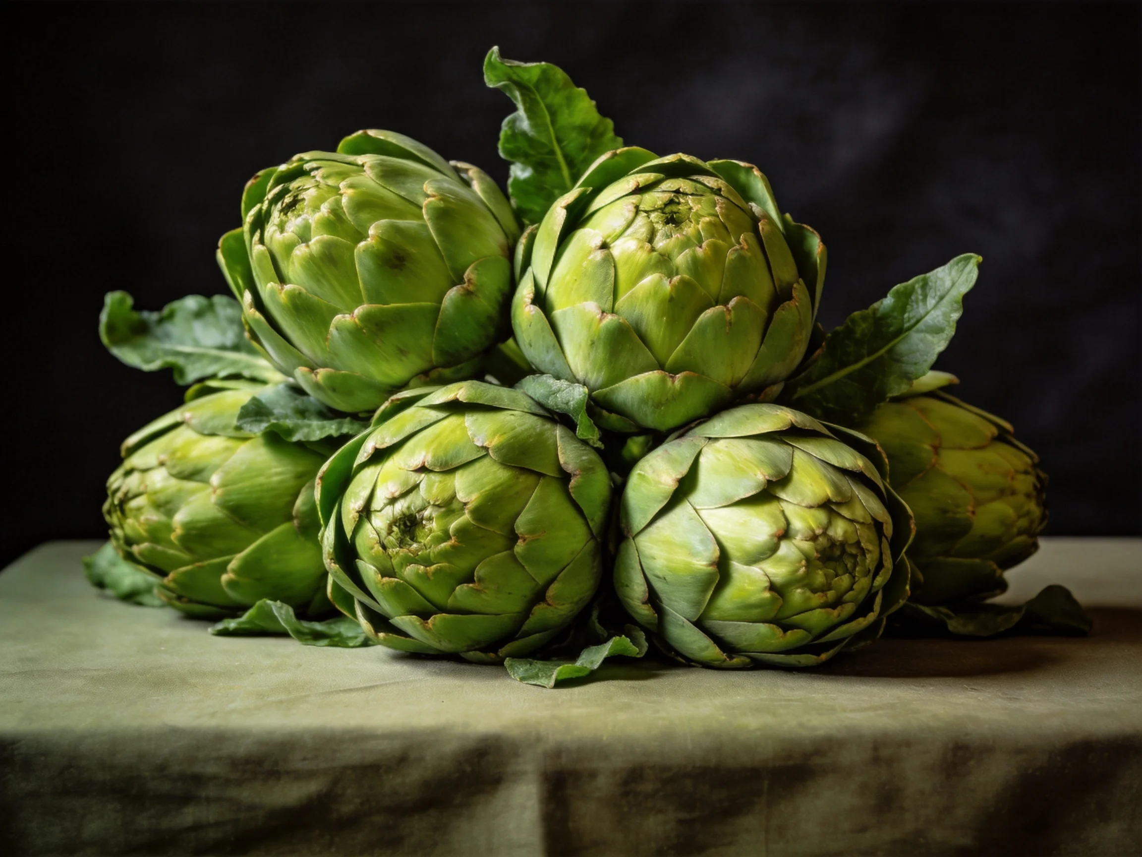Fresh green artichokes clustered on a muted cloth surface