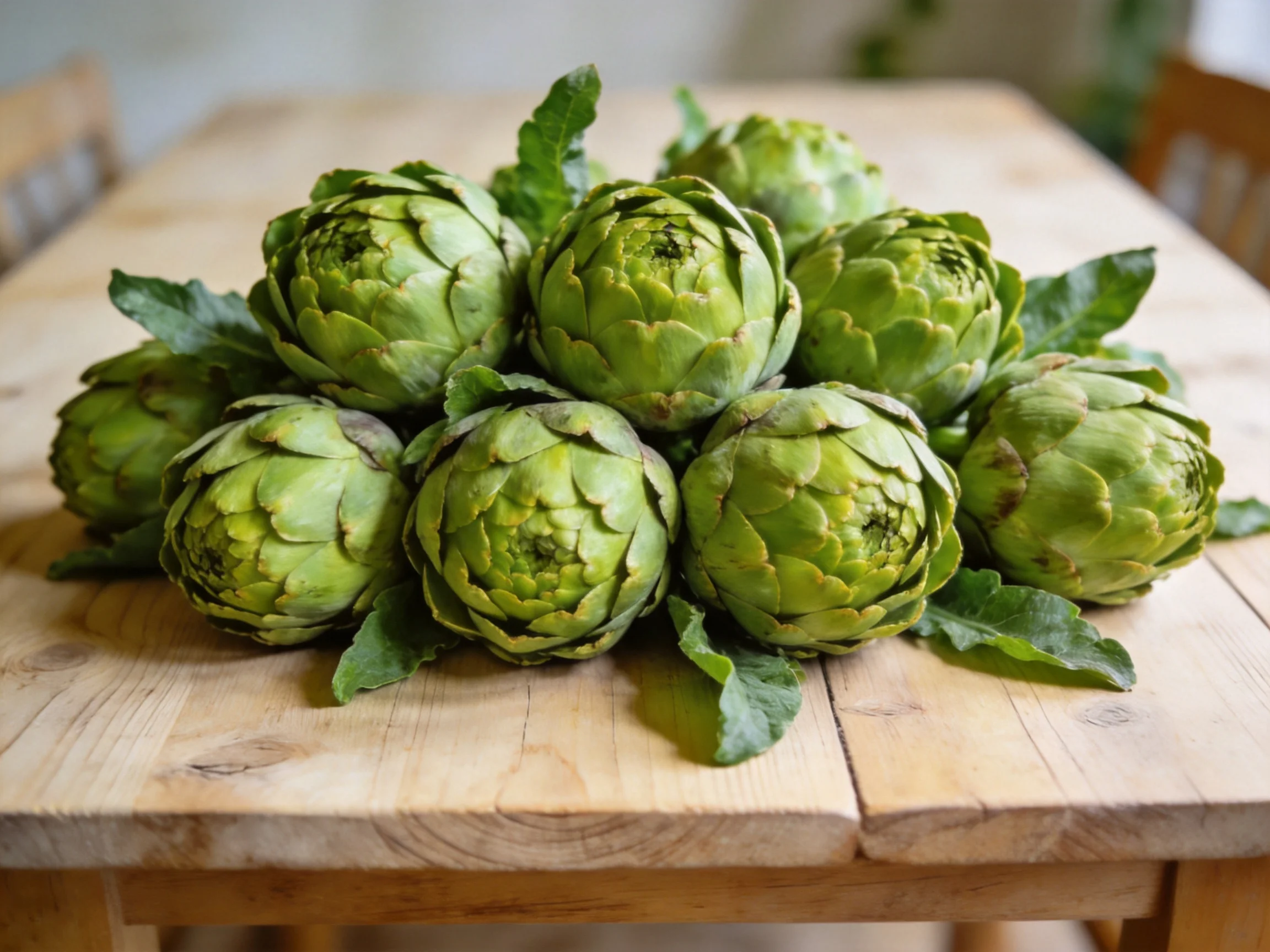 Fresh green artichokes clustered on a wooden table