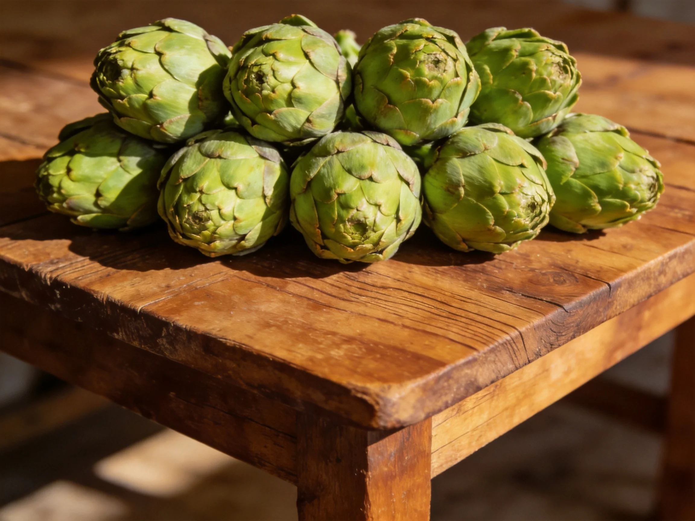 Fresh green artichokes piled high on a rustic wooden table
