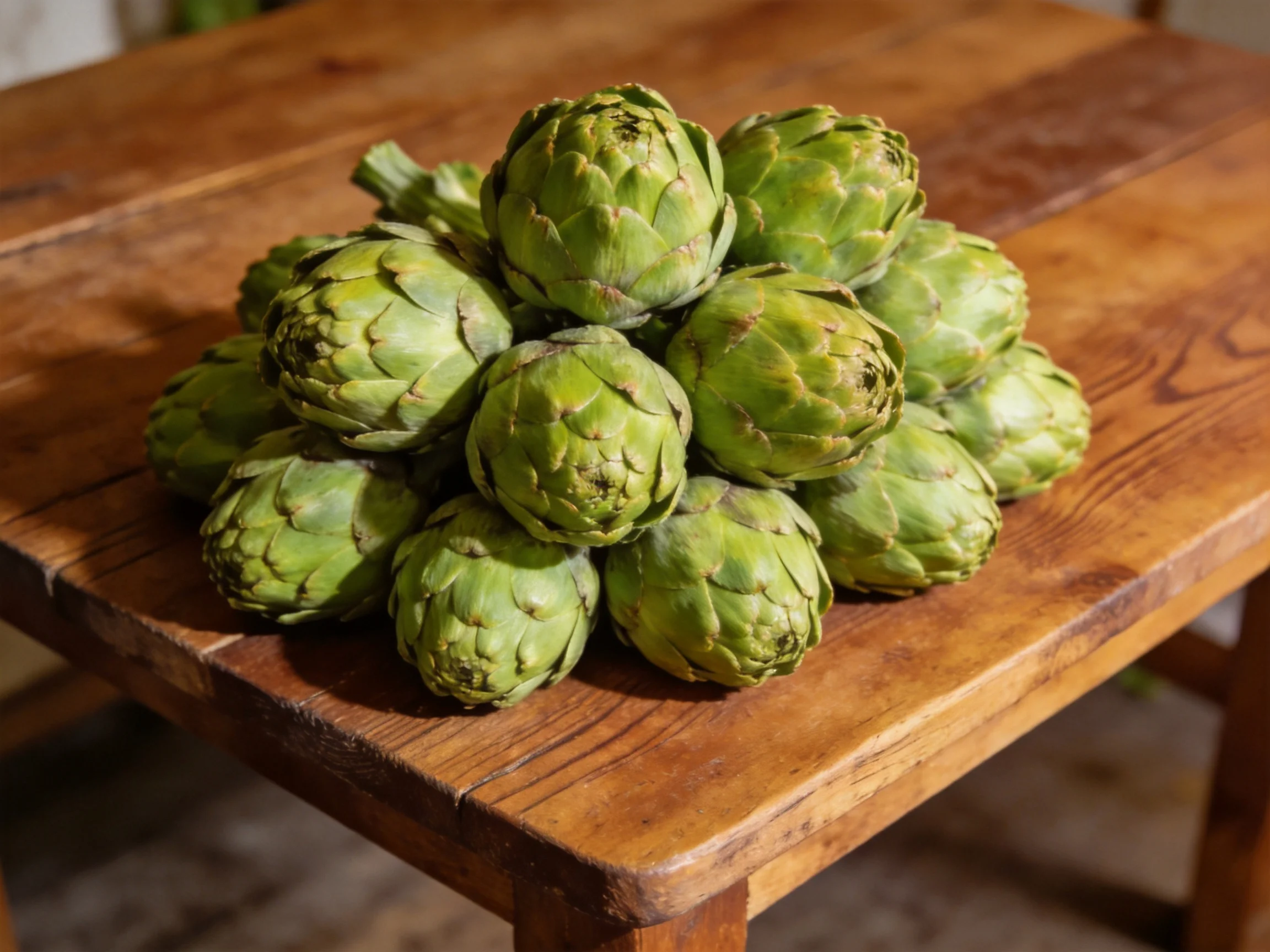 Fresh green artichokes stacked on a rustic brown wooden table