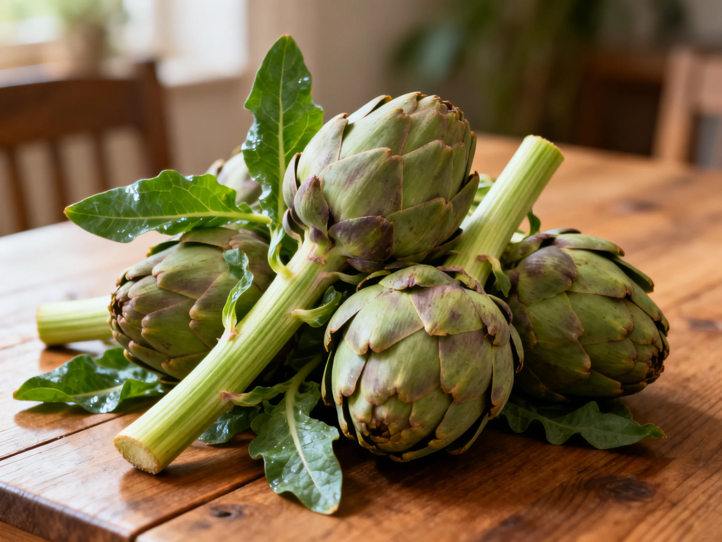Fresh green artichokes with leaves arranged on a rustic wooden table