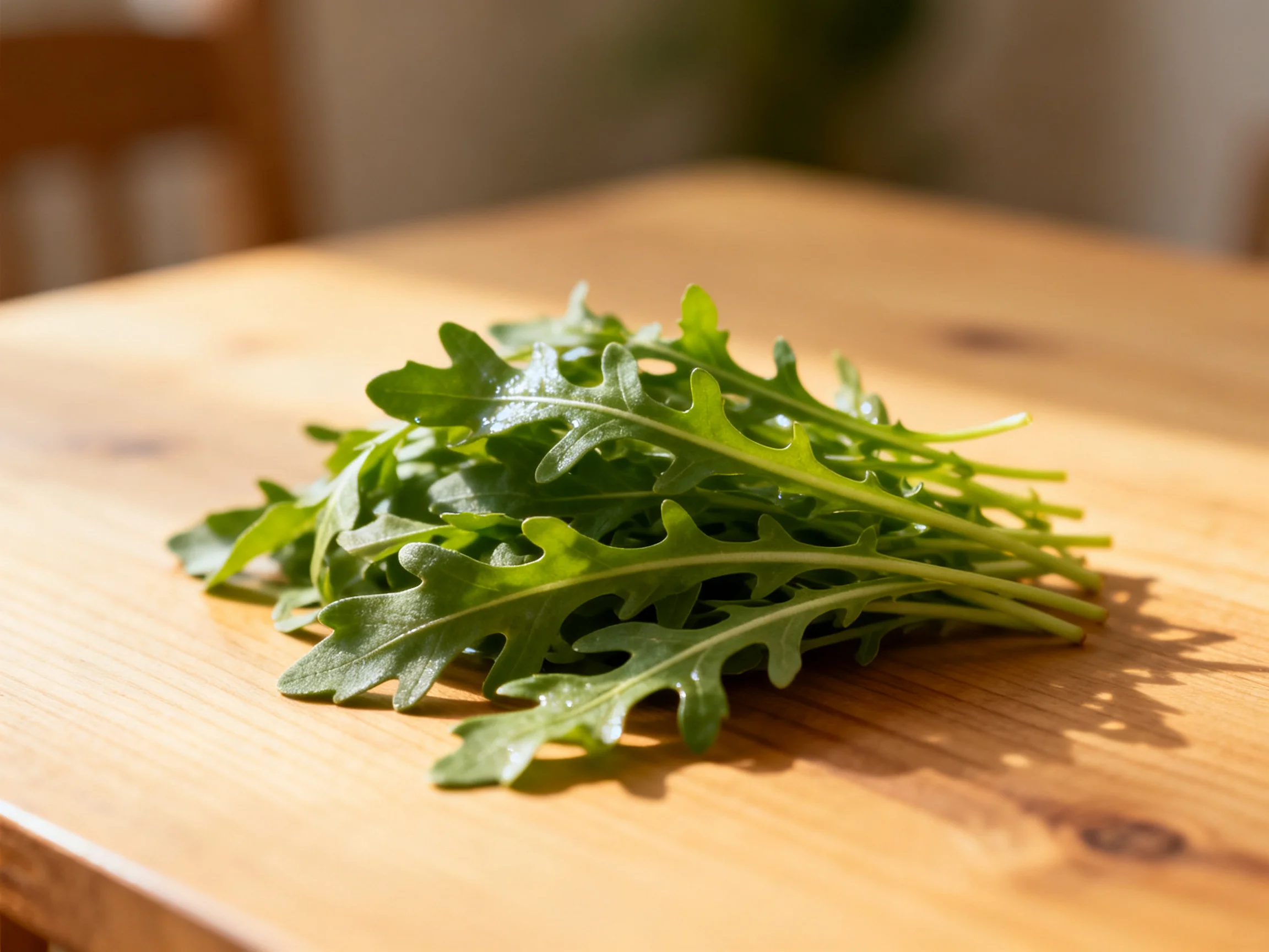Fresh green arugula leaves arranged on a polished wooden table