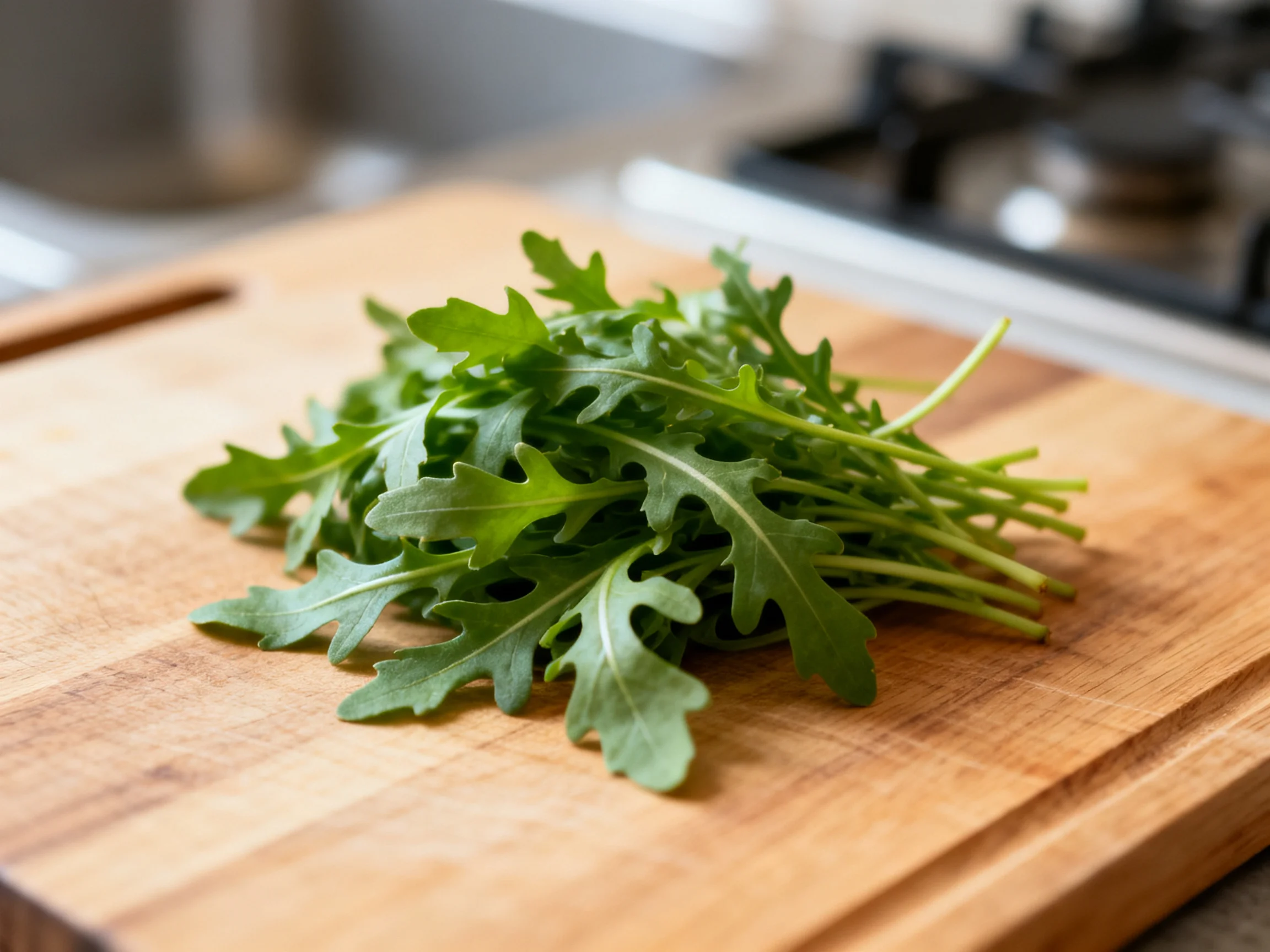 Fresh green arugula leaves arranged on a wooden cutting board