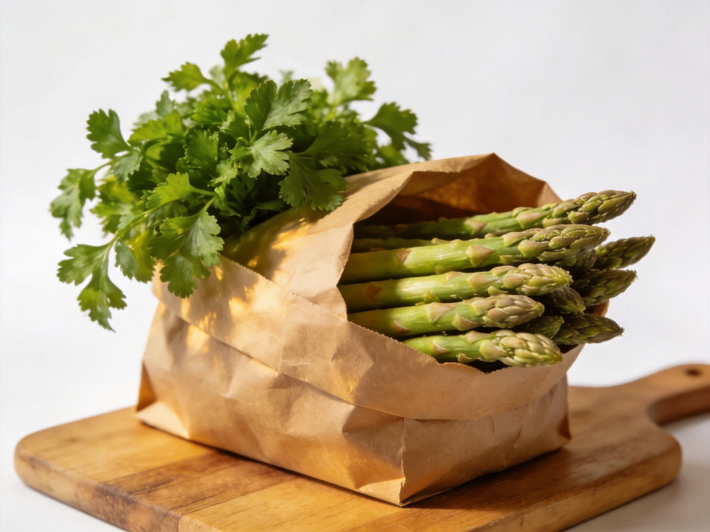 Fresh green asparagus and cilantro in a brown paper bag on a wooden cutting board