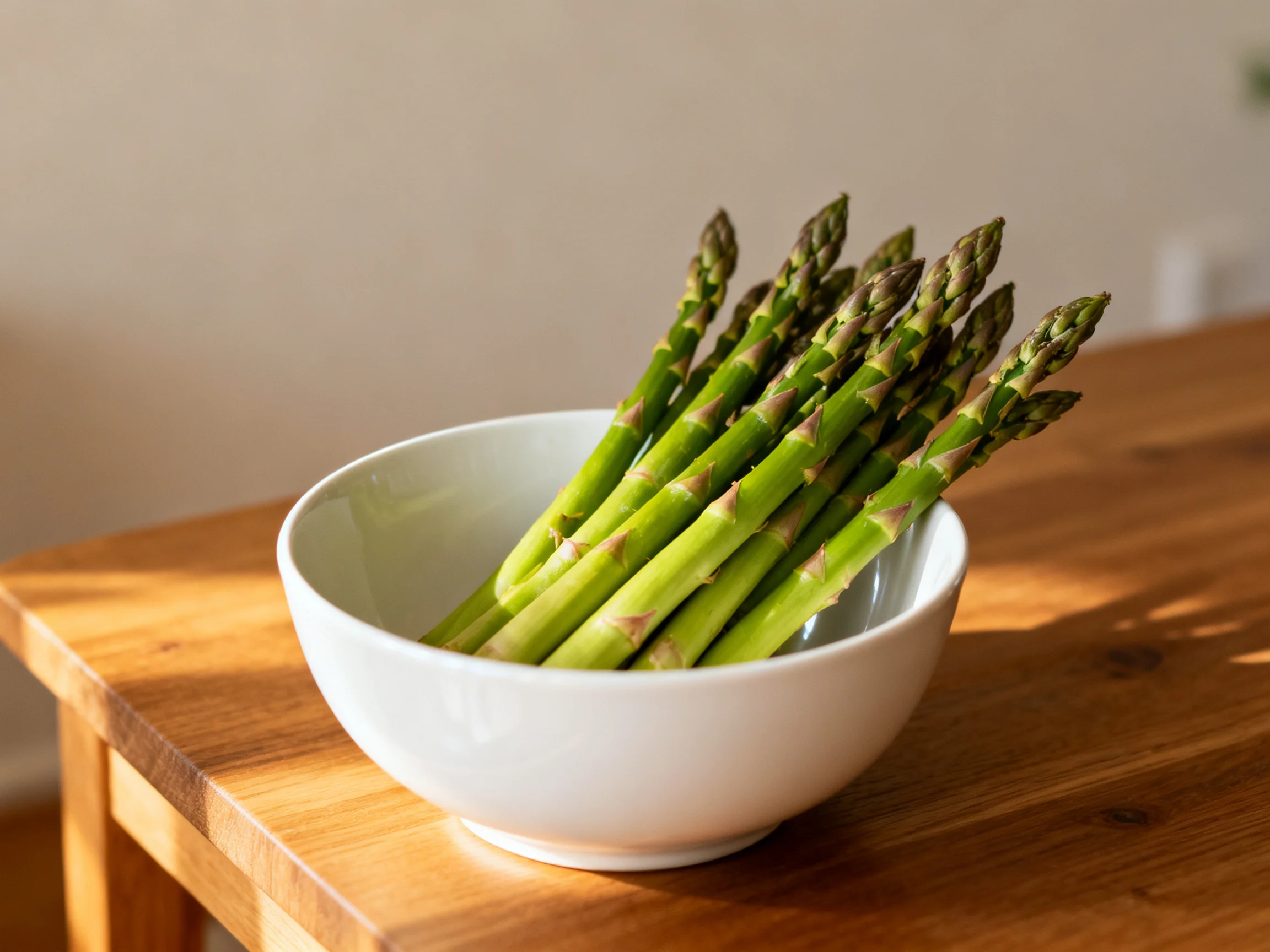 Fresh green asparagus arranged in a white bowl on a wooden table