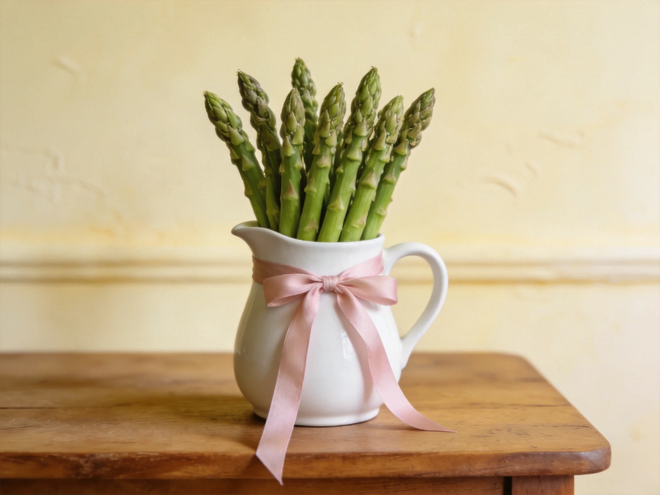 Fresh green asparagus arranged in a white pitcher with a pink ribbon