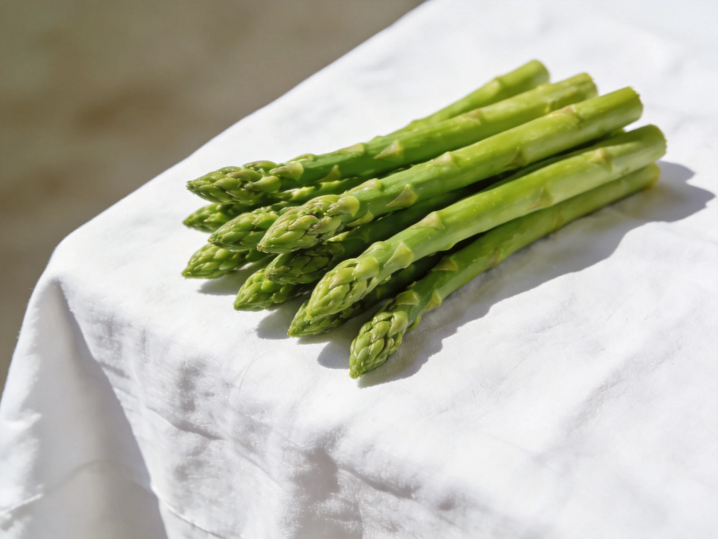 Fresh green asparagus bundle on a crisp white fabric surface