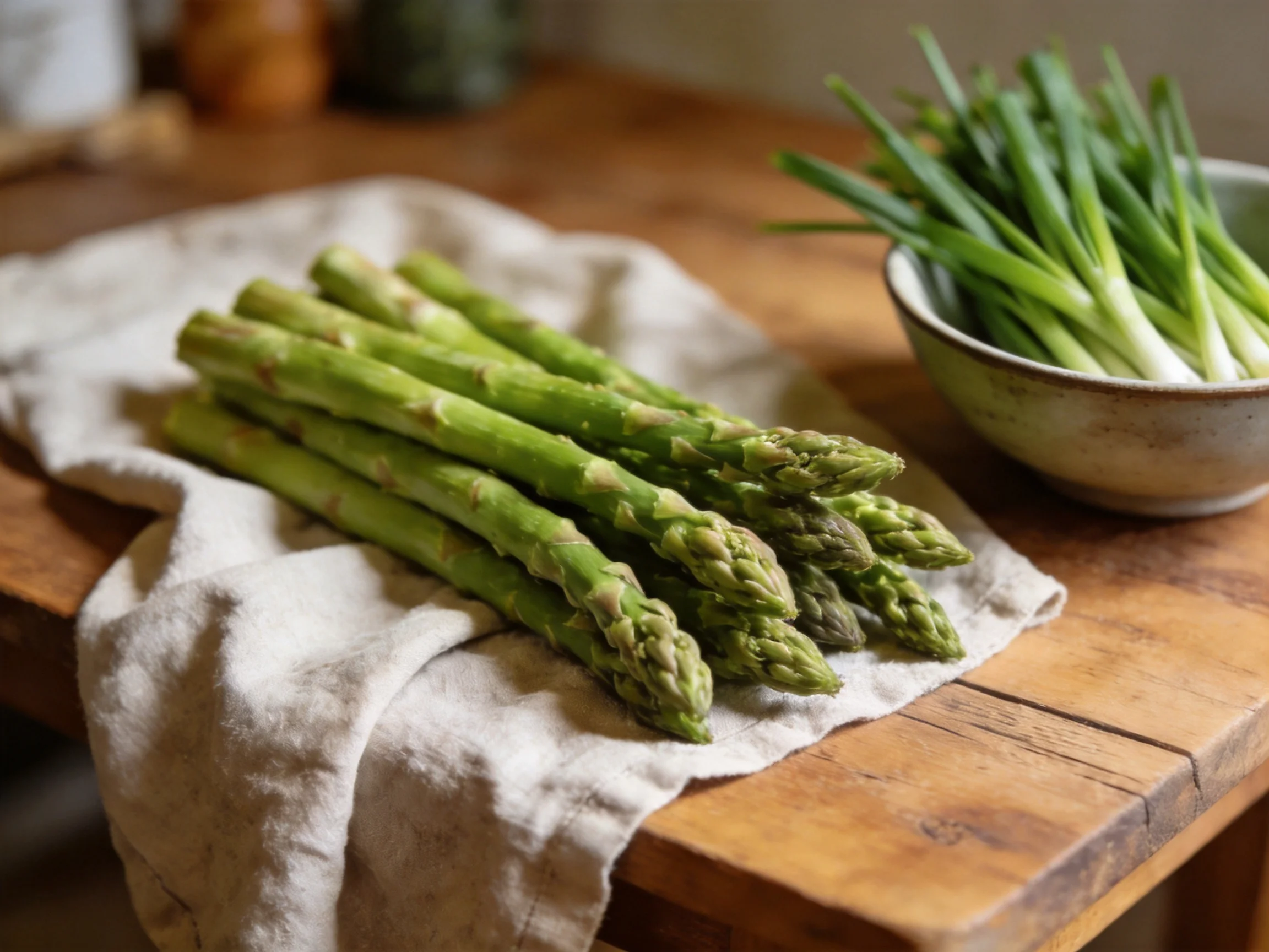 Fresh green asparagus bundle on linen cloth beside a bowl of green onions