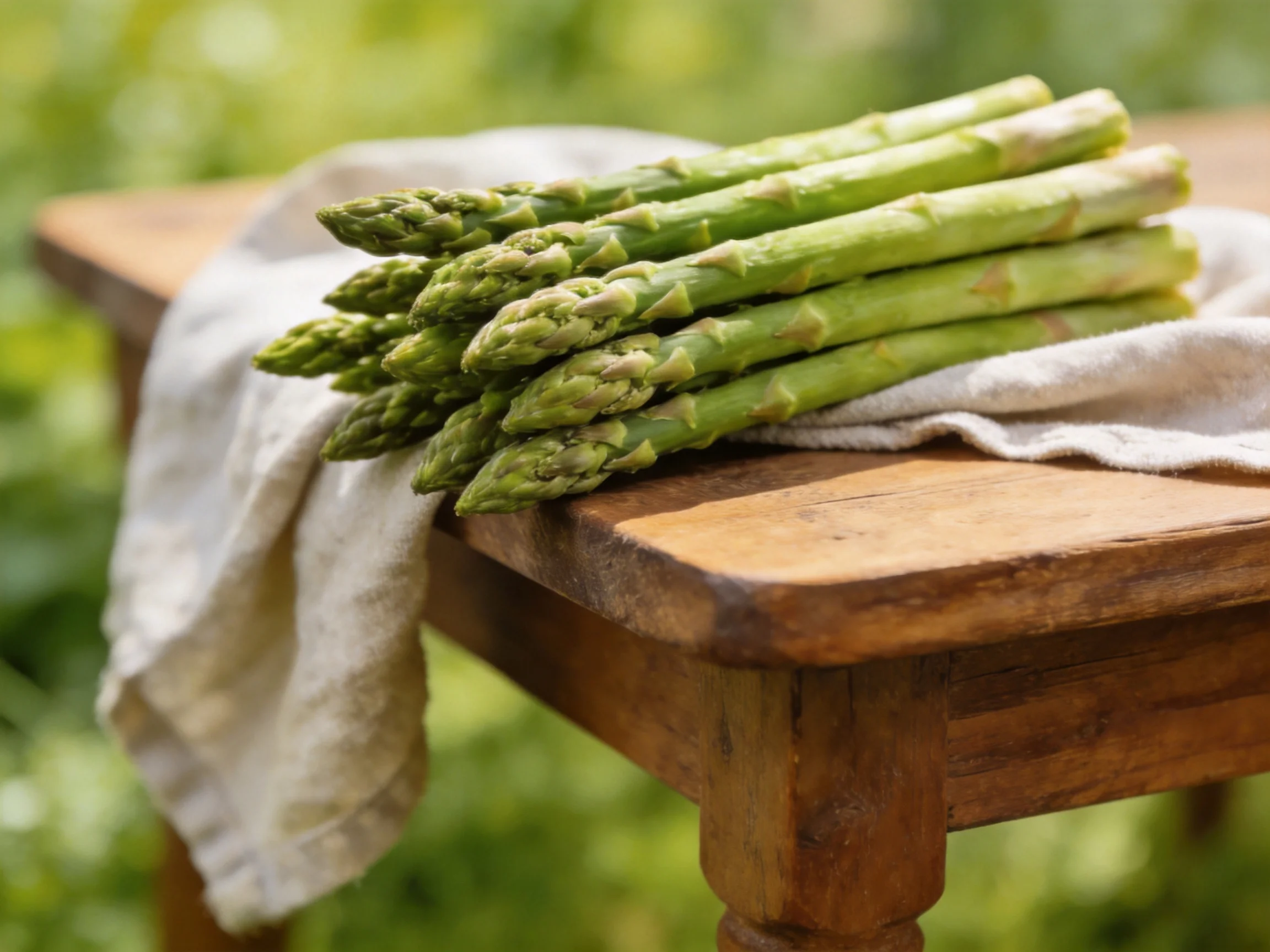 Fresh green asparagus bundle on rustic wooden table with white cloth
