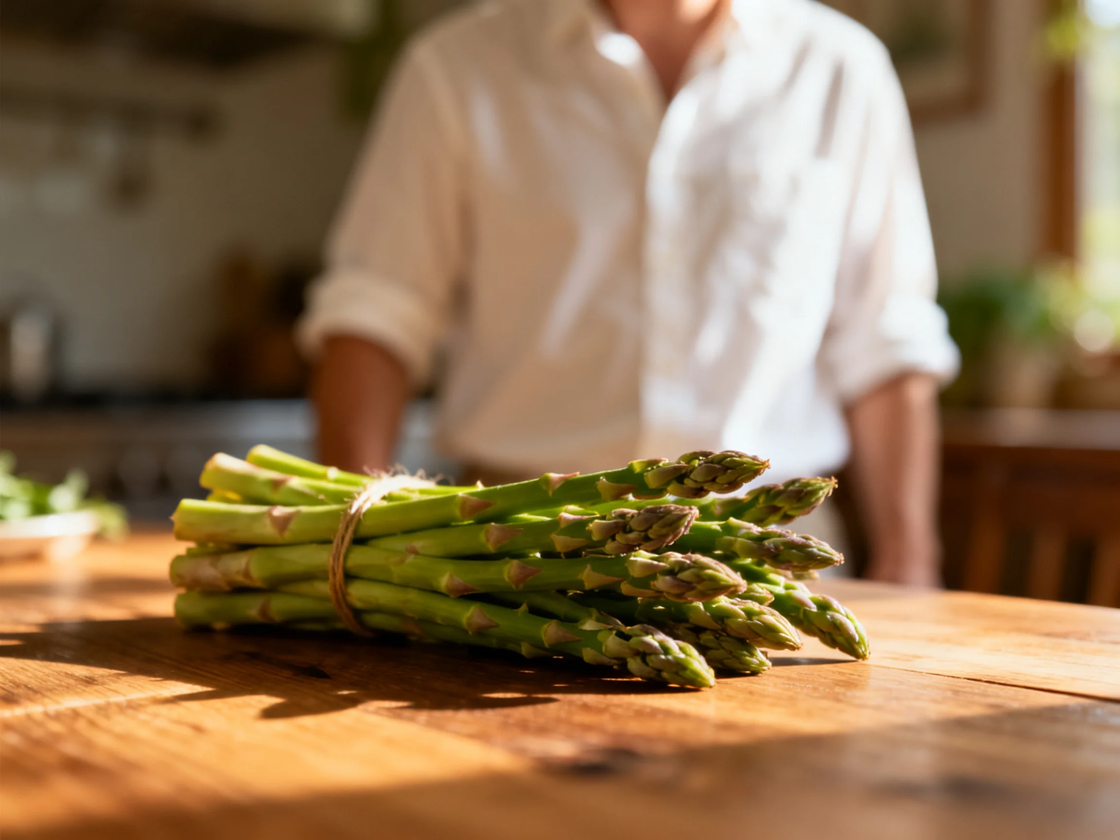 Fresh green asparagus bundle on wooden table with person in white shirt